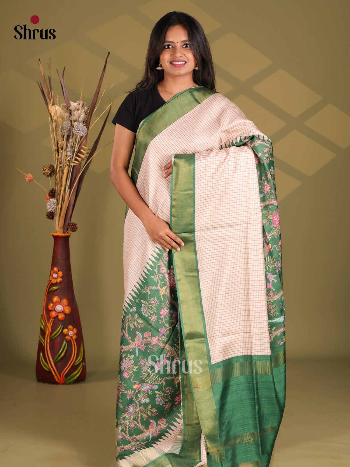 Cream & Green - Champa semitussar Saree