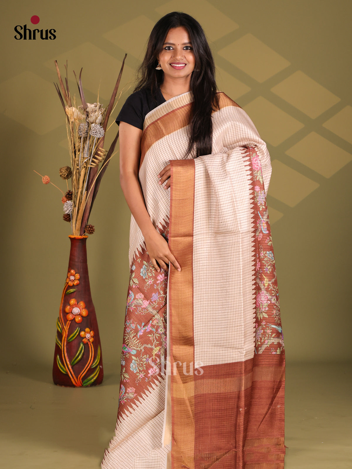 Cream & Brown - Champa semitussar Saree