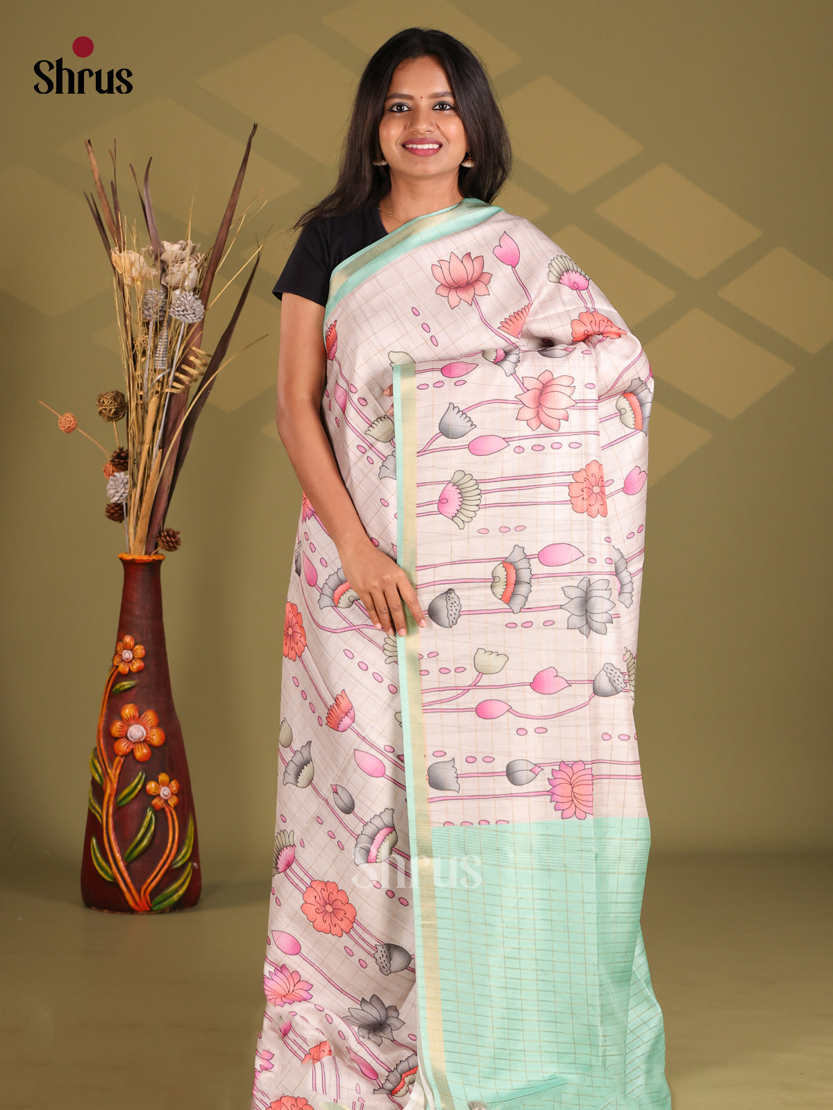Cream & Teal - Champa semitussar Saree