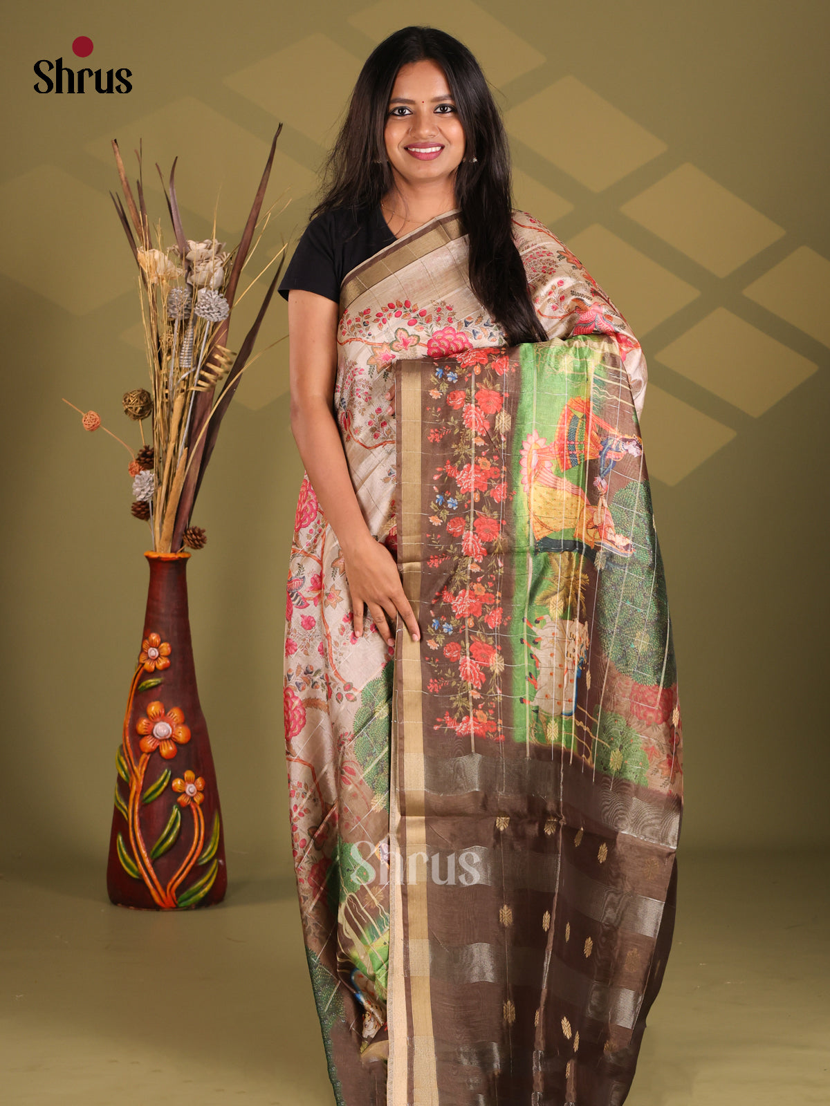 Cream & Brown- Champa semitussar Saree