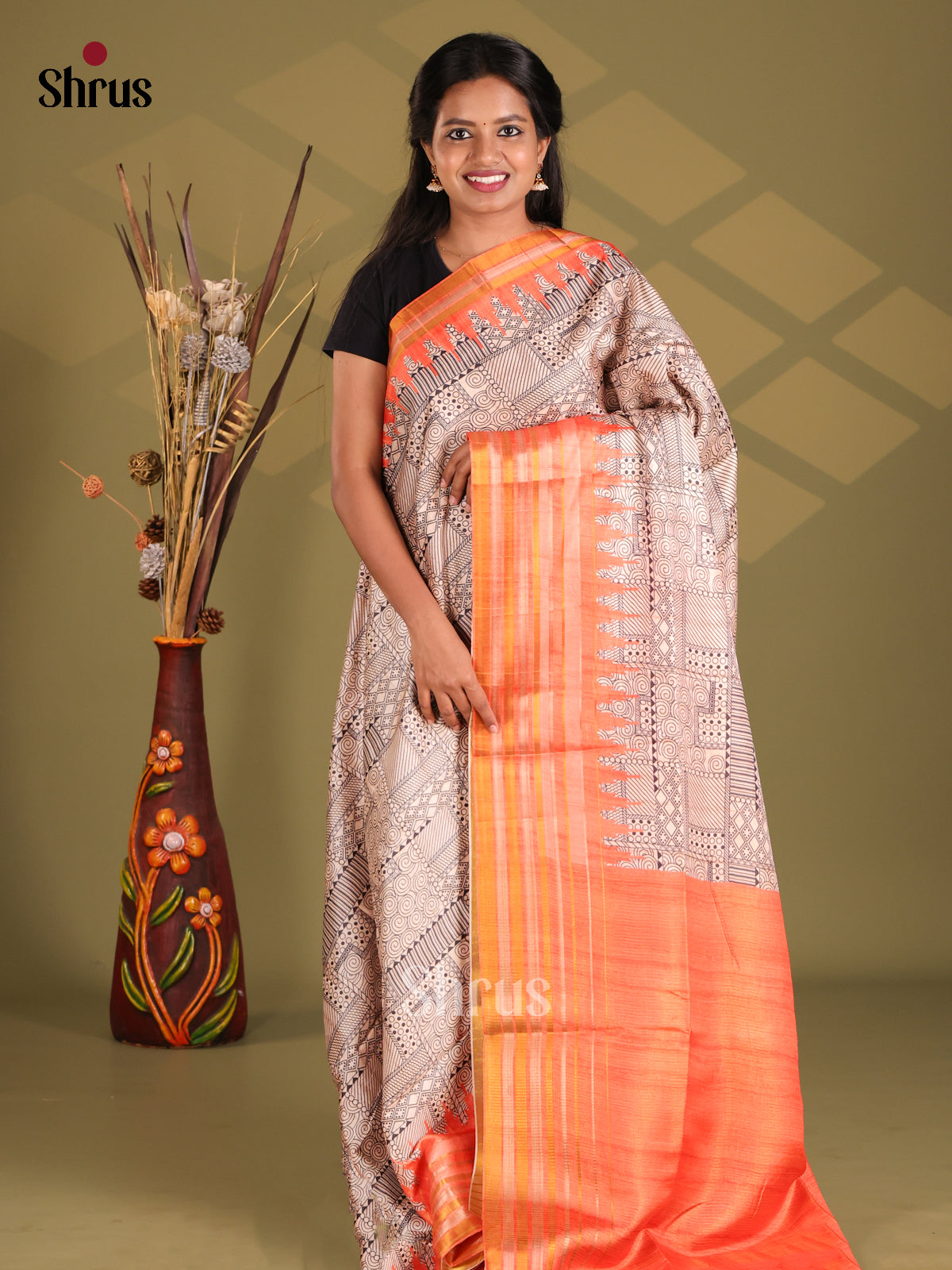 Cream , Black & Orange - Champa semitussar Saree - Shop on Shrus.com