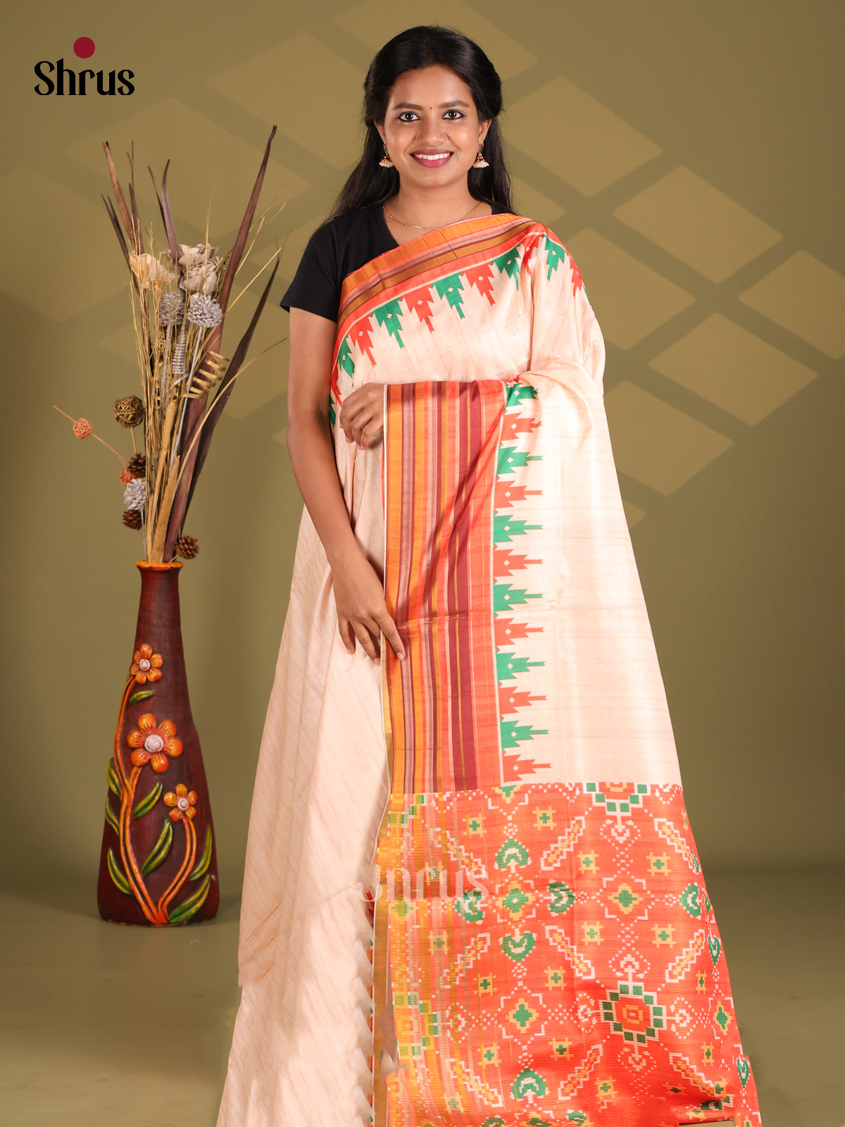 Cream & Orange- Champa semitussar Saree