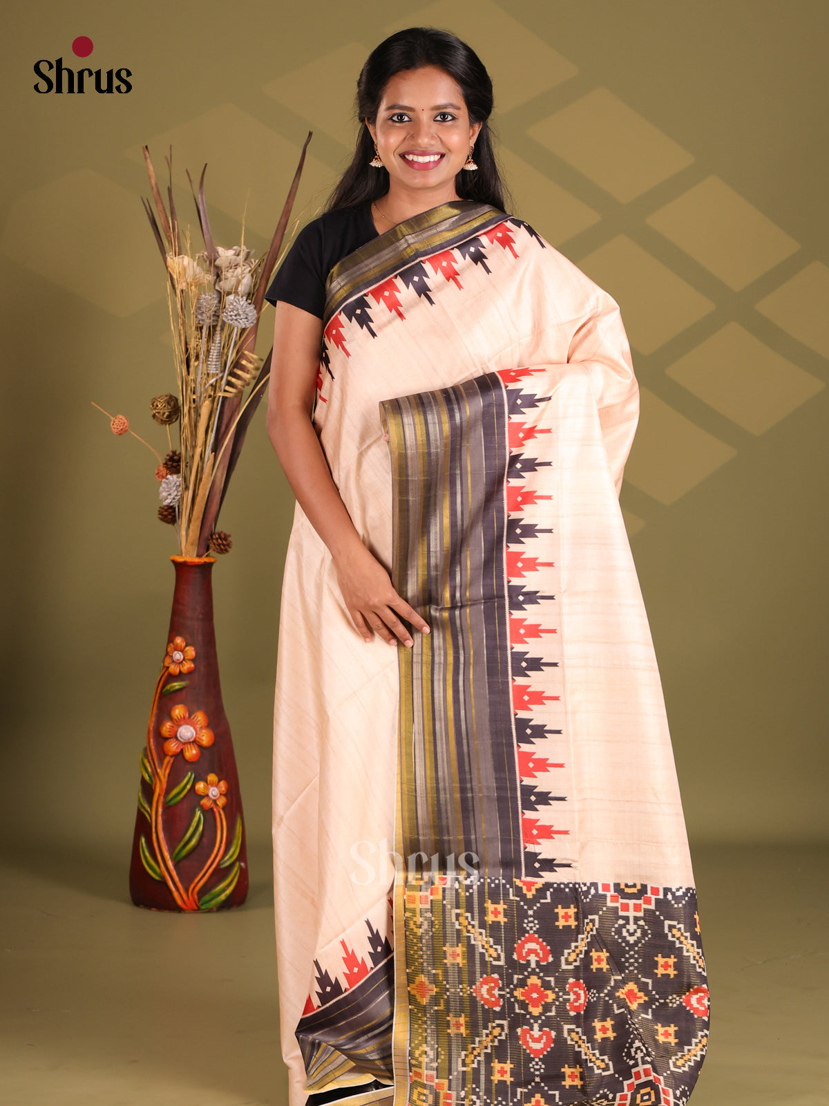 Cream & Black - Champa semitussar Saree