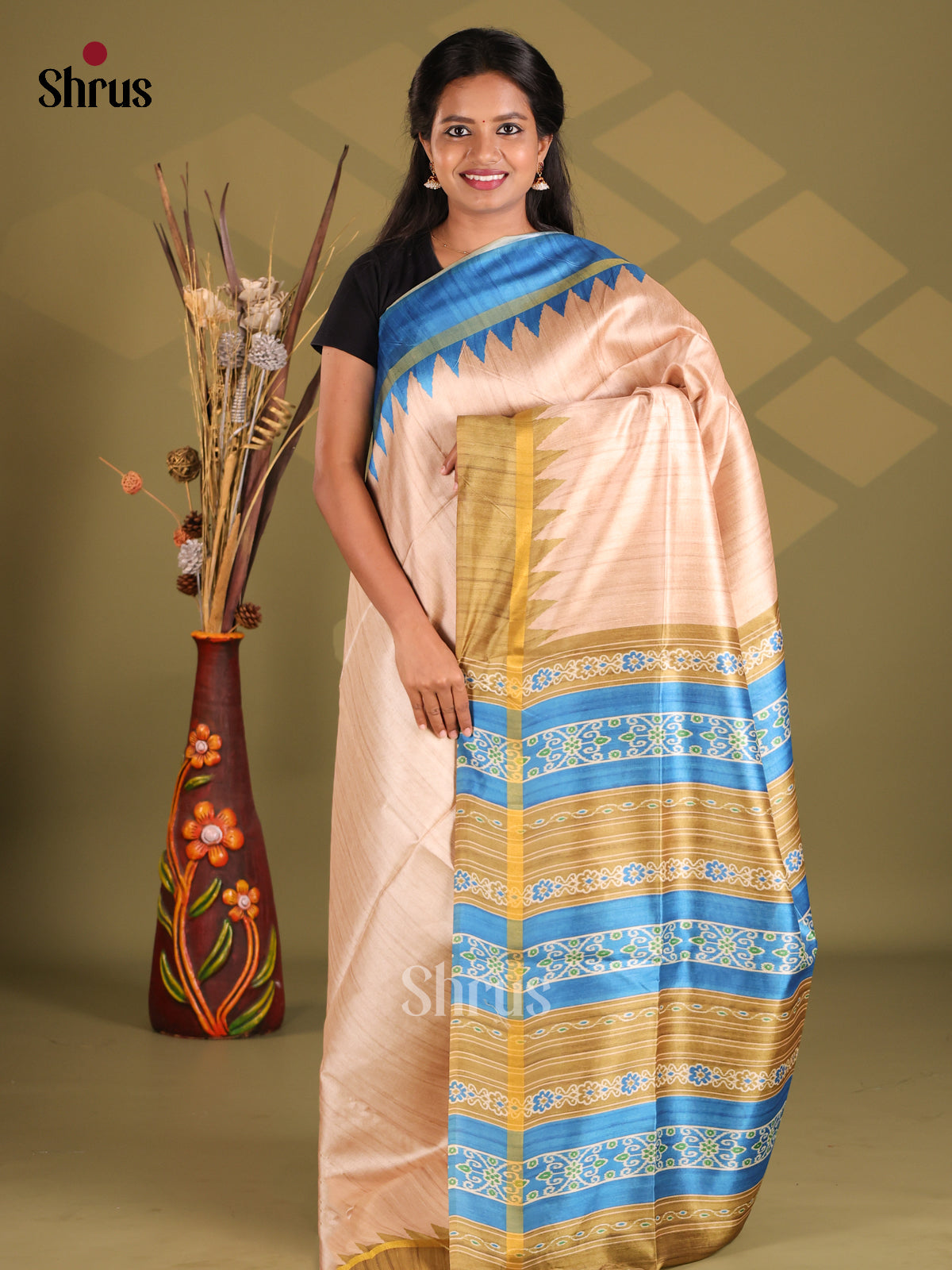Cream & Blue - Champa semitussar Saree