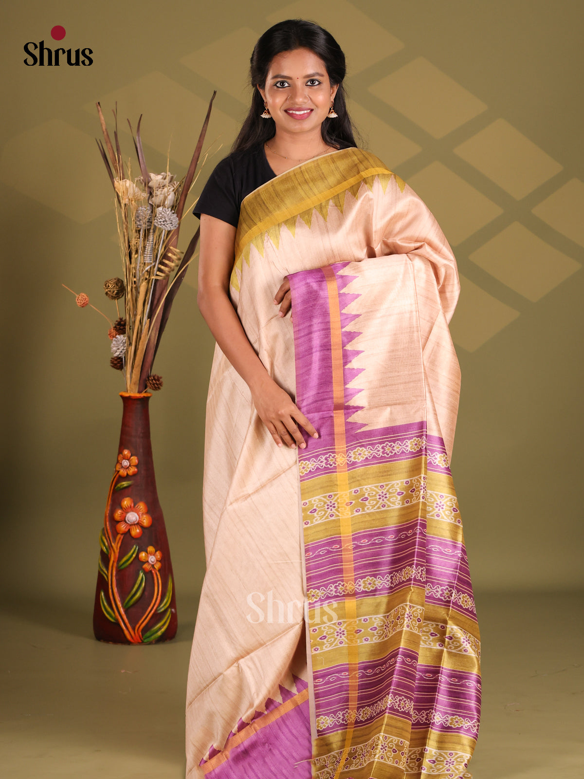 Cream & Purple- Champa semitussar Saree