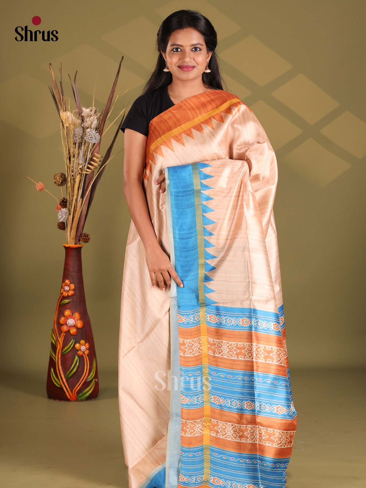 Peach & Blue - Champa semitussar Saree - Shop on Shrus.com