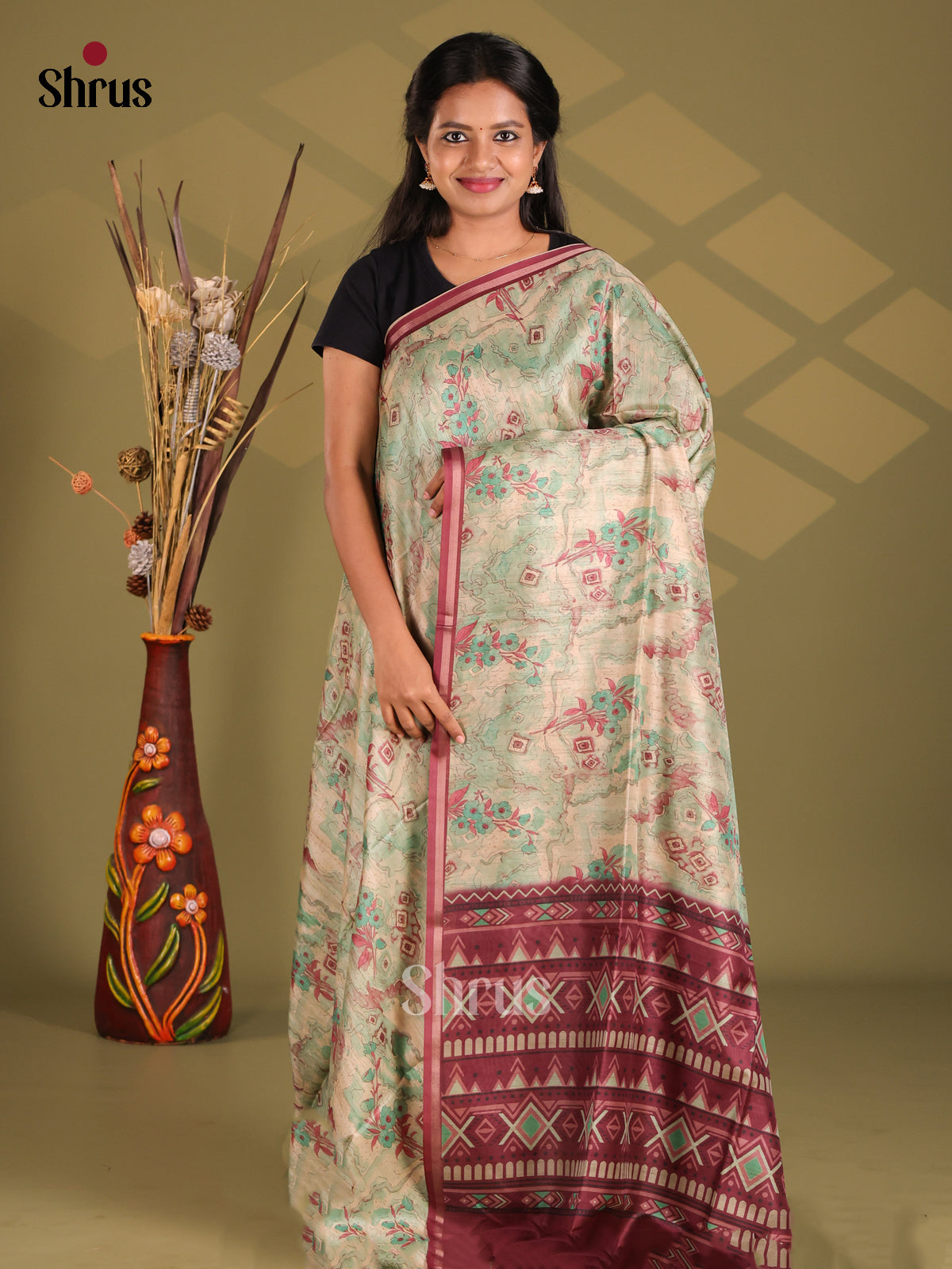 Green & Maroon - Champa semitussar Saree - Shop on Shrus.com