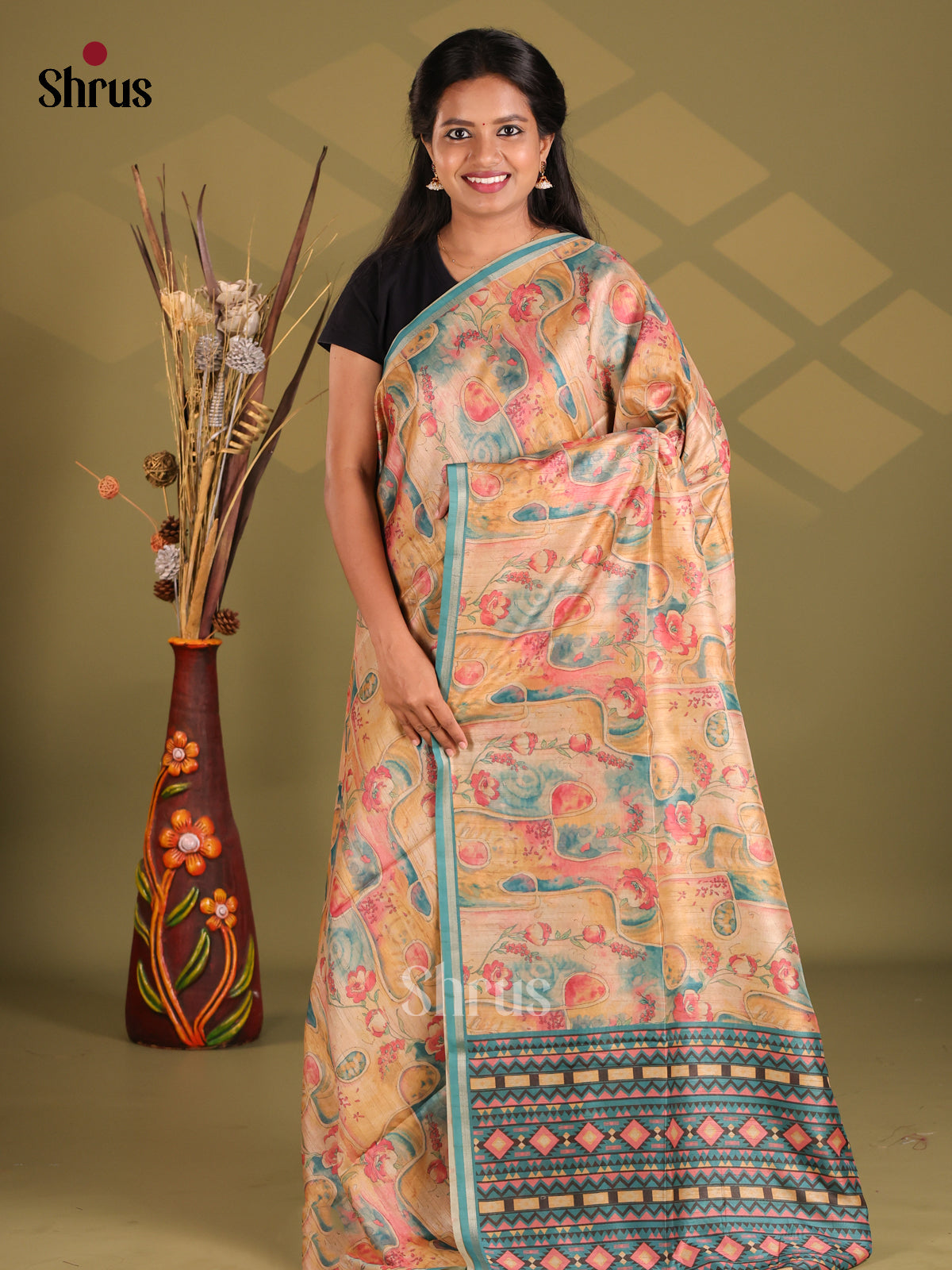 Peach & Green - Champa semitussar Saree - Shop on Shrus.com