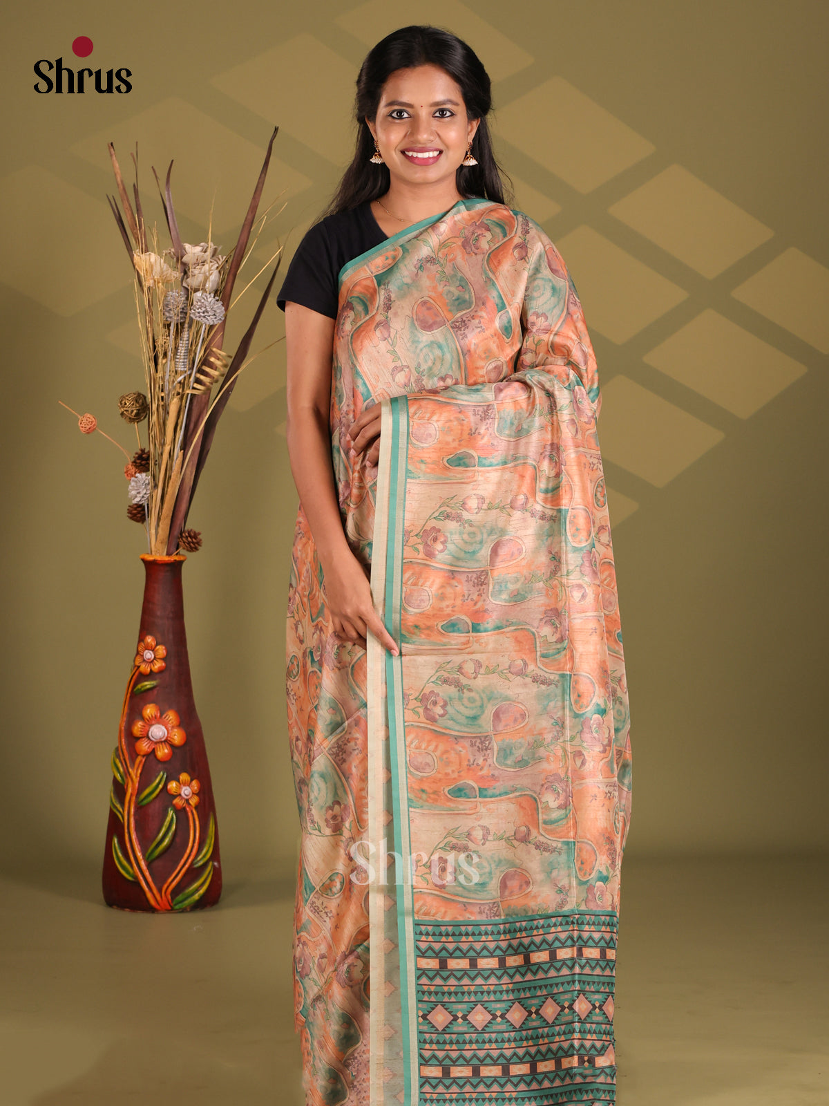 Peach & Green - Champa semitussar Saree - Shop on Shrus.com