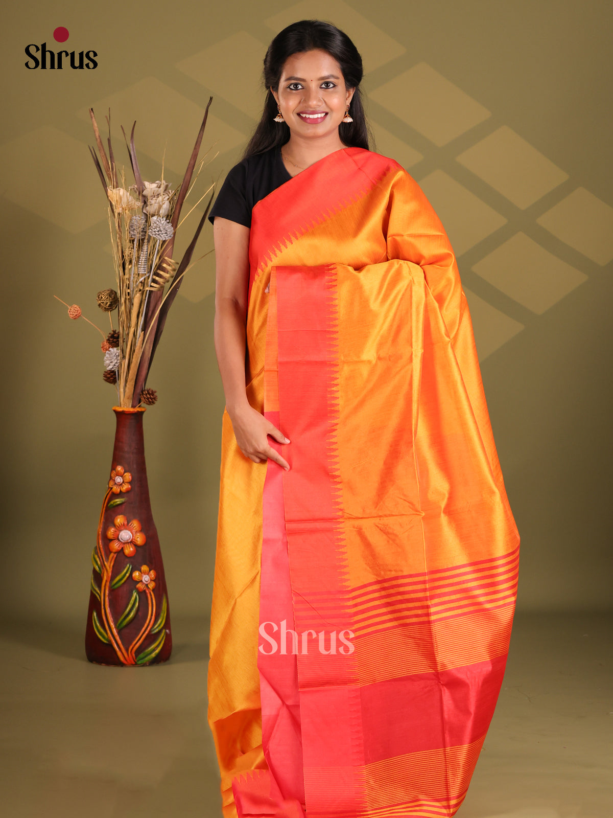 Mustard & Red - Champa semitussar Saree - Shop on Shrus.com