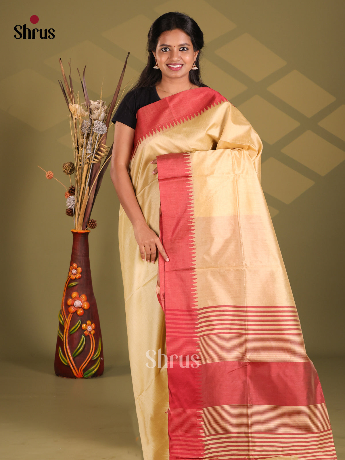 Cream & Red- Champa semitussar Saree