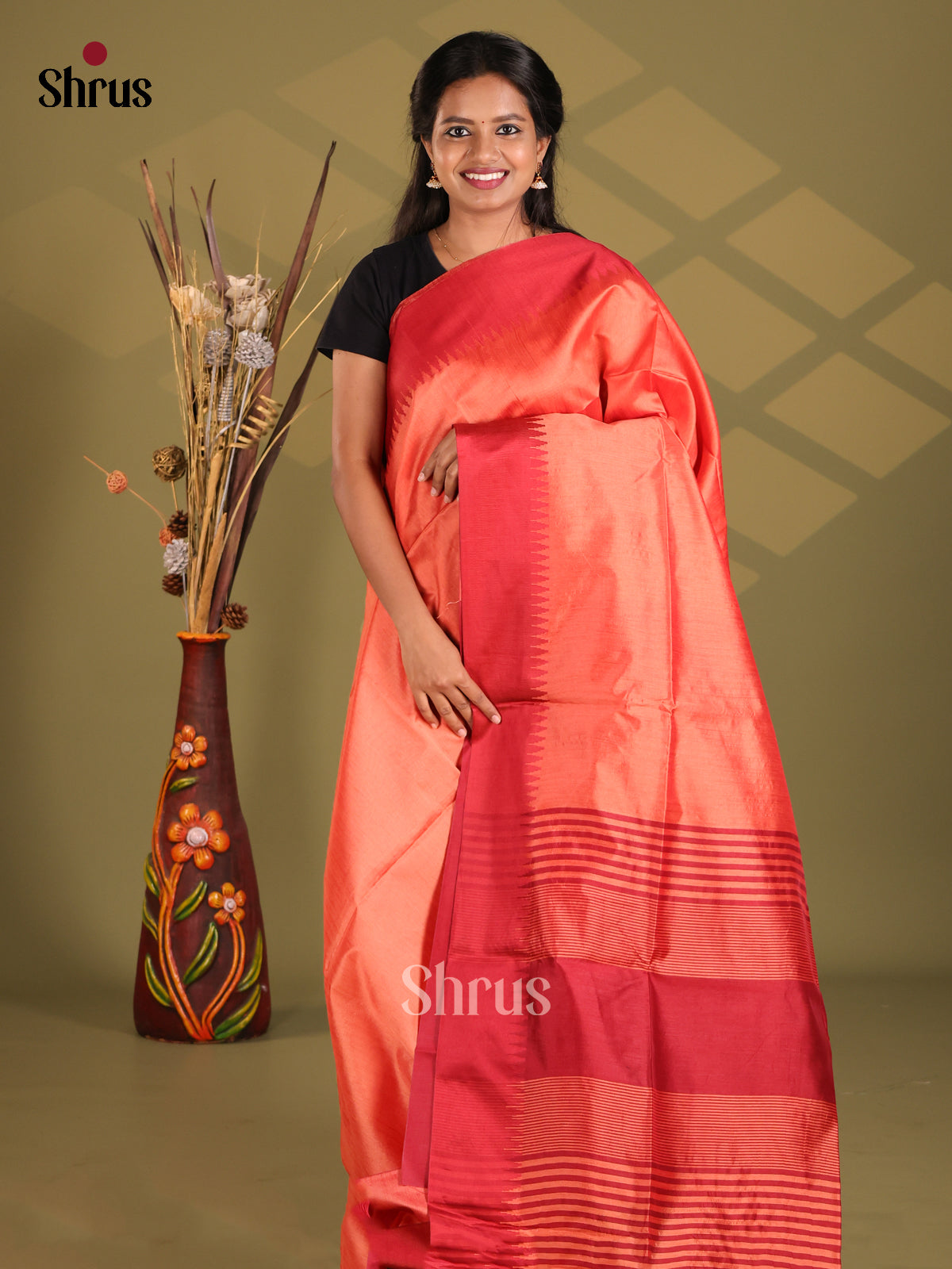 Peach & Red - Champa semitussar Saree - Shop on Shrus.com