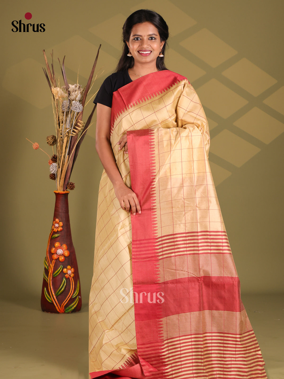 Cream & Maroon - Champa semitussar Saree