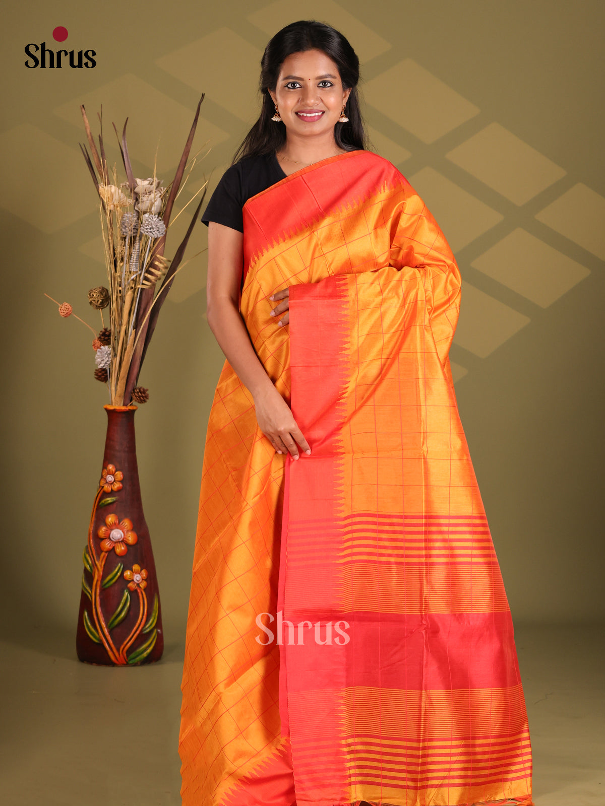 Mustard & Red- Champa semitussar Saree - Shop on Shrus.com