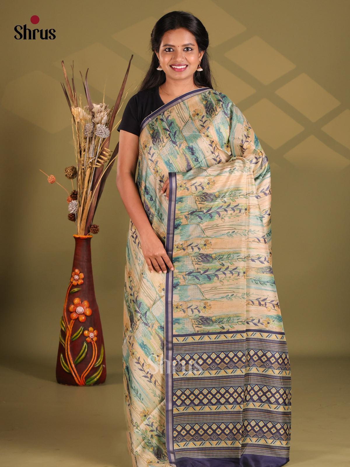 Cream & Blue- Champa semitussar Saree
