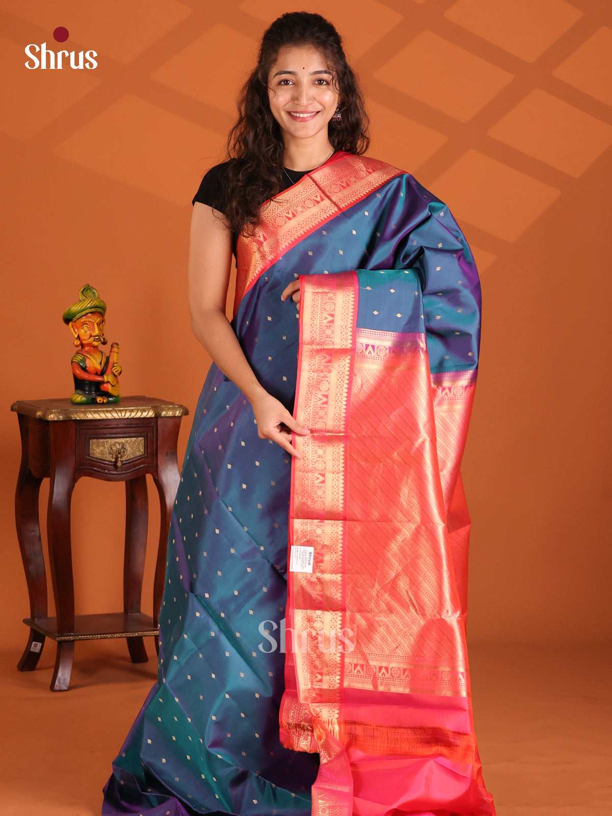Gorgeous Peacock Blue Kanchipuram silk Saree with contrast brocade pallu-1