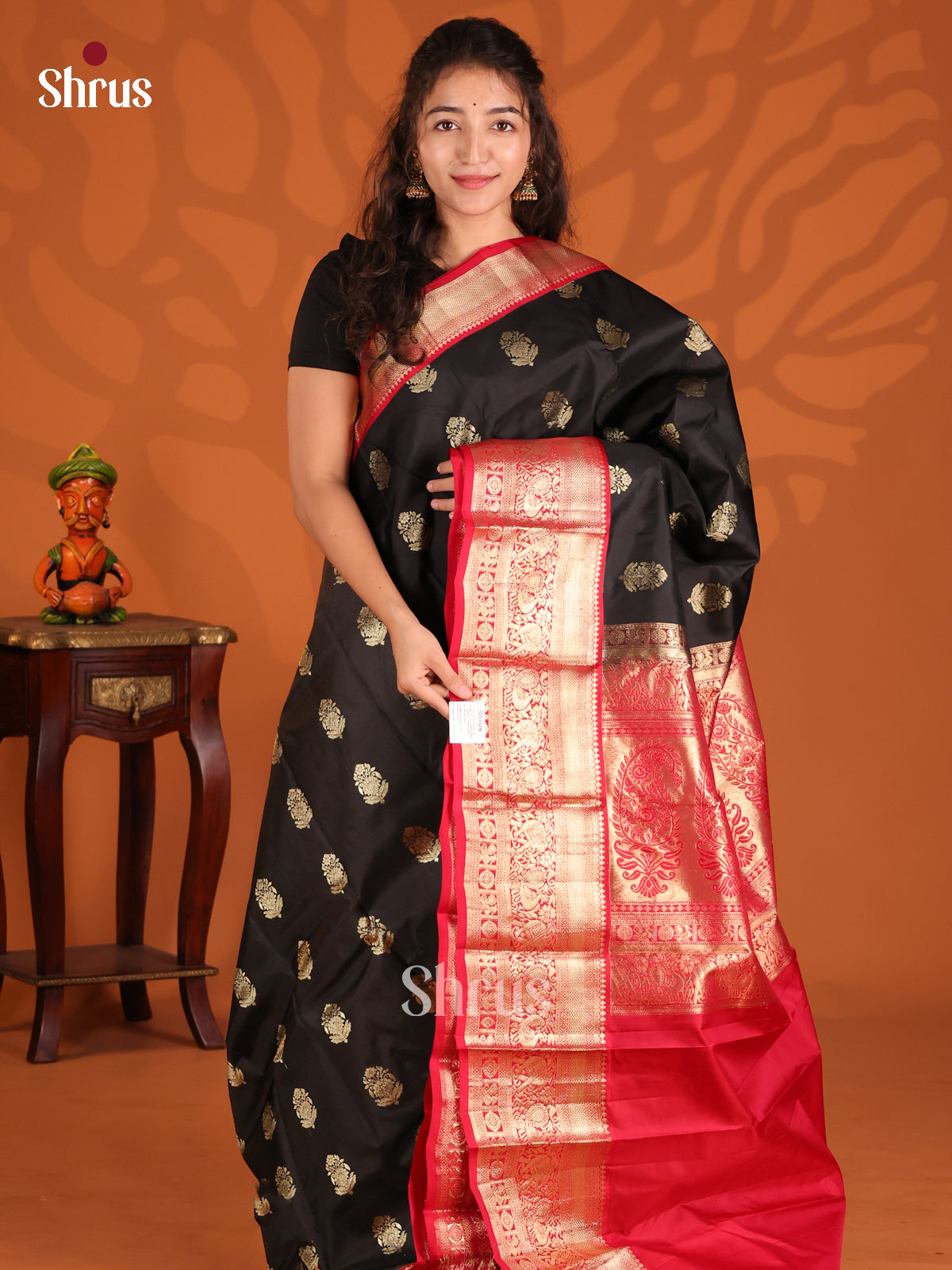 Black & Red Kanchipuram silk Saree with gold zari floral buttas-1