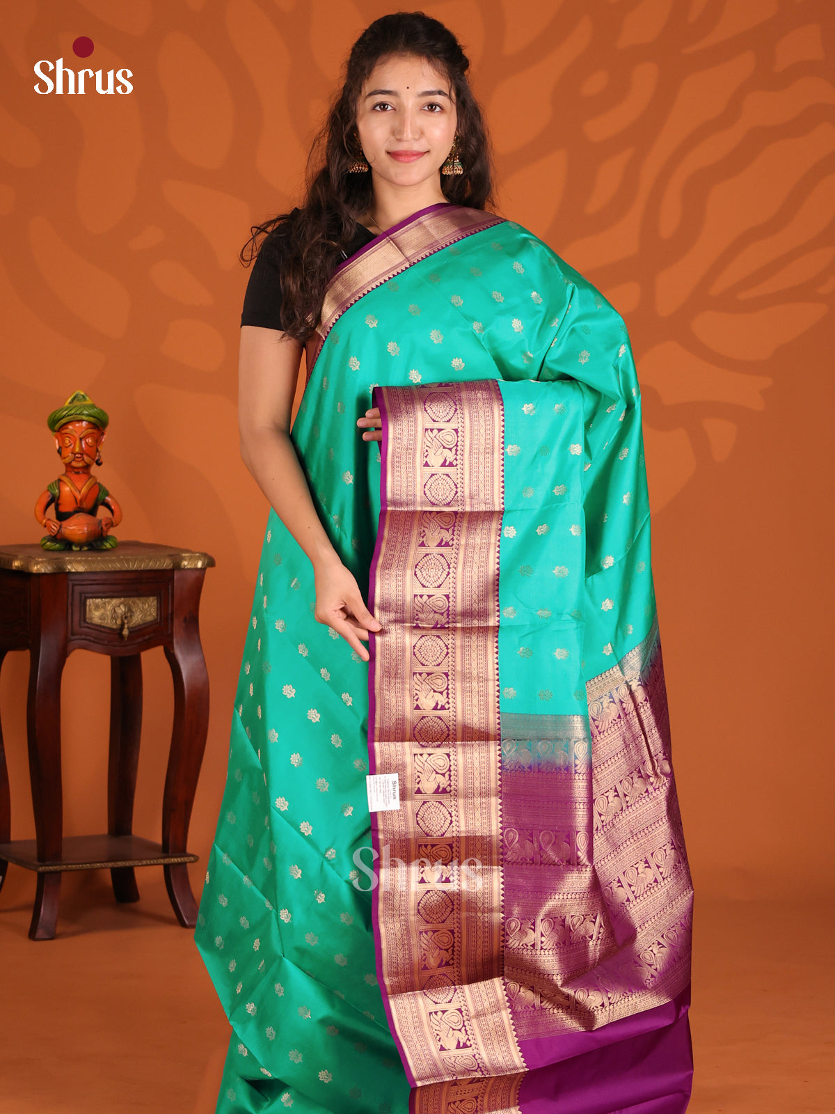 Teal & Vadamalli Kanchipuram silk Saree with zari Woven peacock & floral buttas border - Shop on Shrus.com