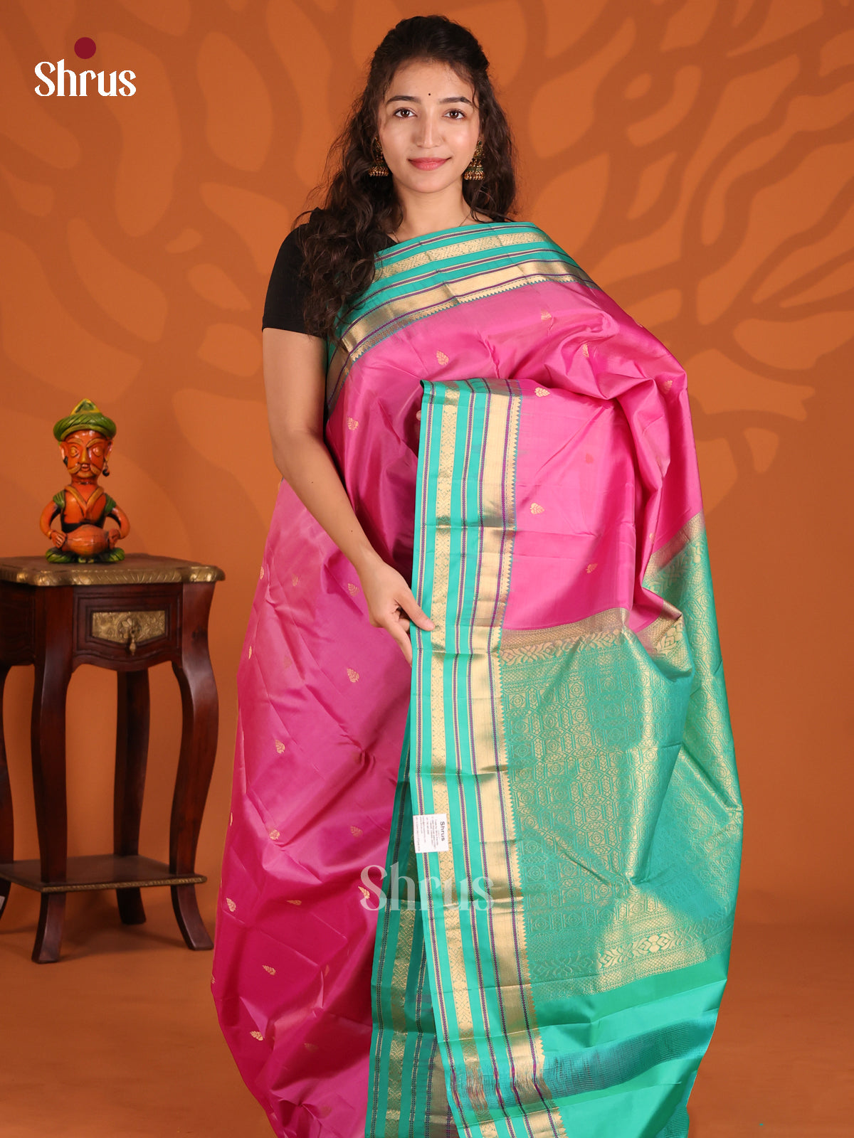 Pink & Teal Kanchipuram silk Saree with reattaipet zari border-1