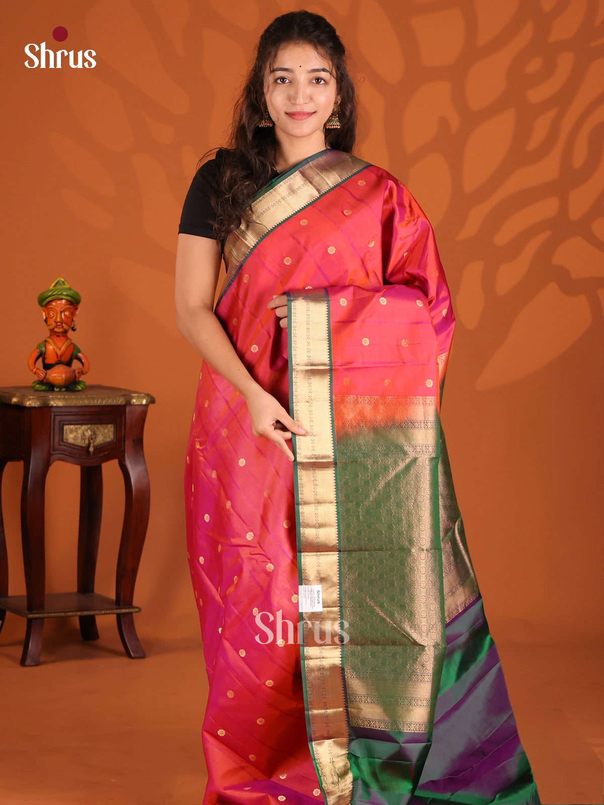Orangish Pink & Double Shaded Green Kanchipuram silk Saree with rich zari border - Shop on Shrus.com