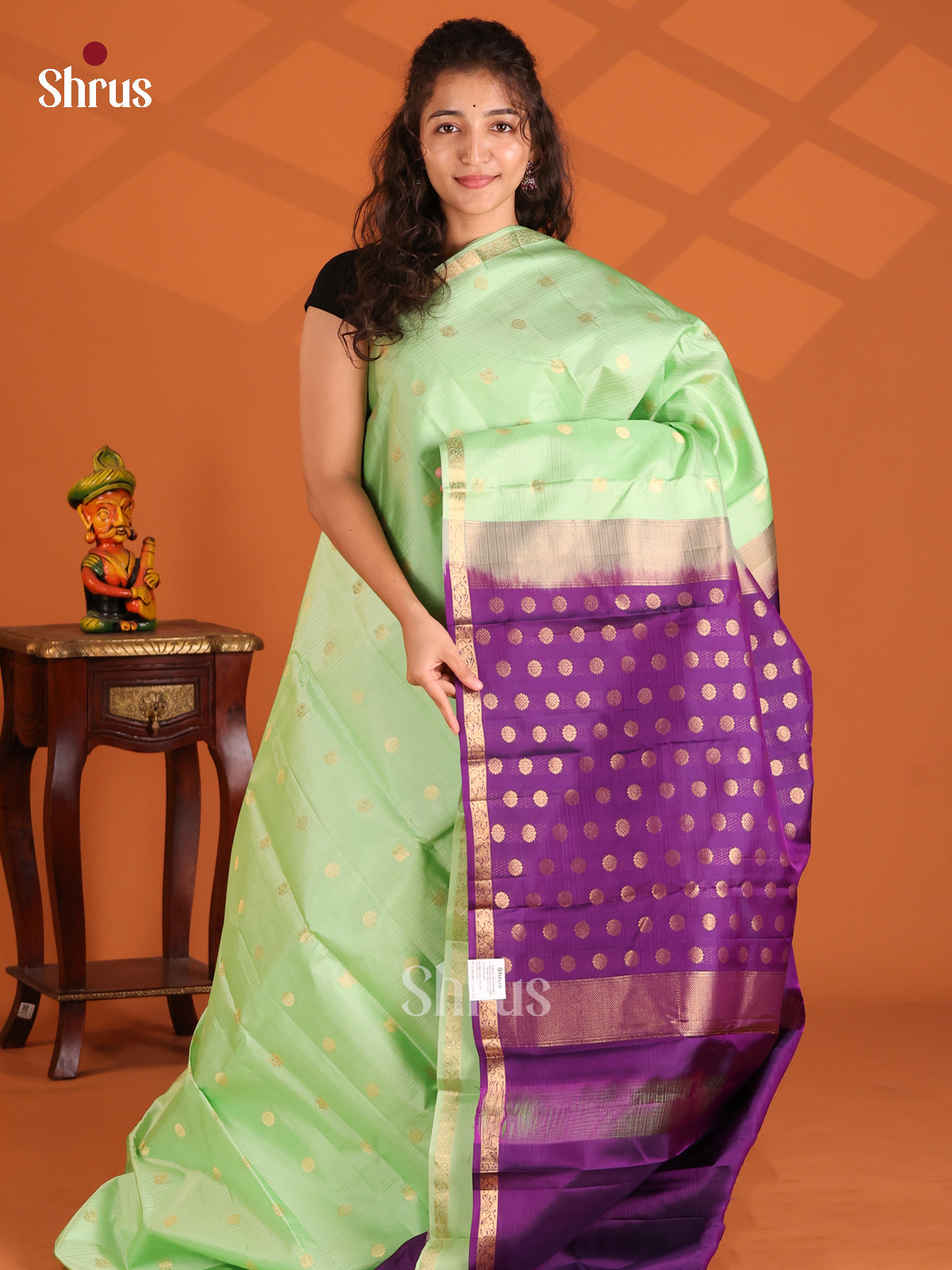 Pista Green & Violet Kanchipuram silk Saree with gold floral & peacock buttas - Shop on Shrus.com