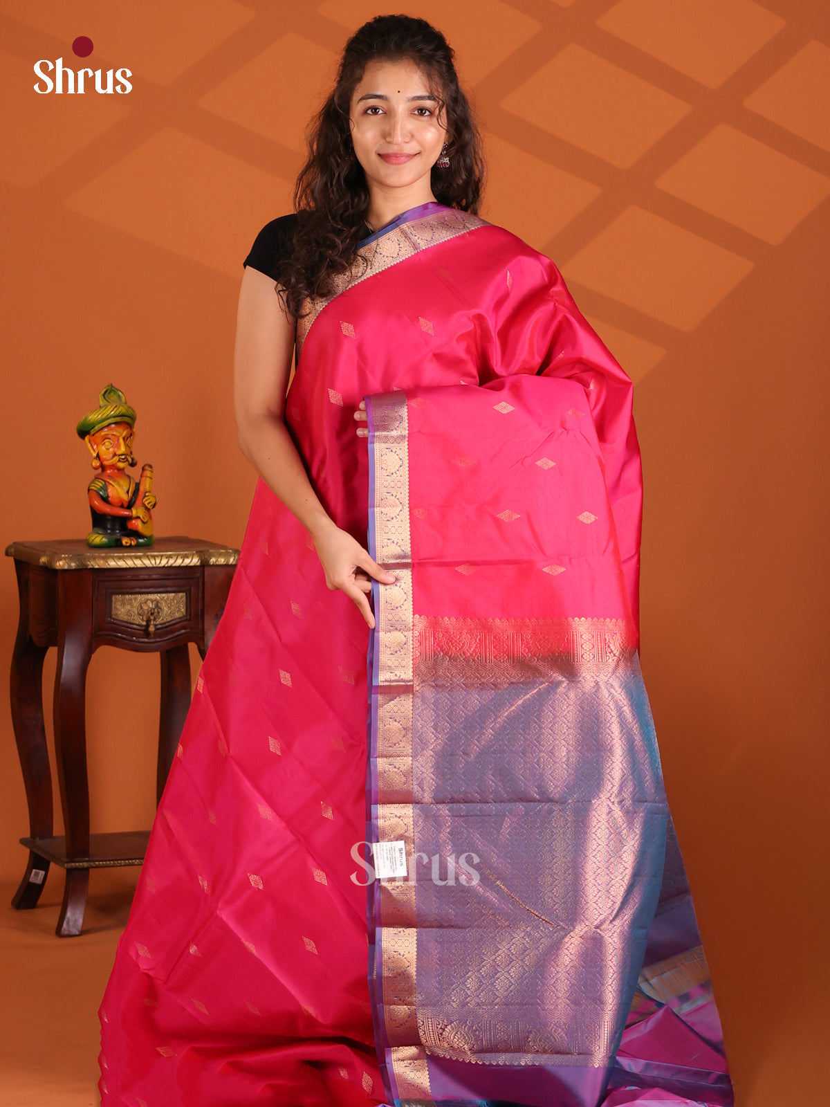 Deep Pink & Purple Kanchipuram silk Saree with purple criss cross brocade pallu-1