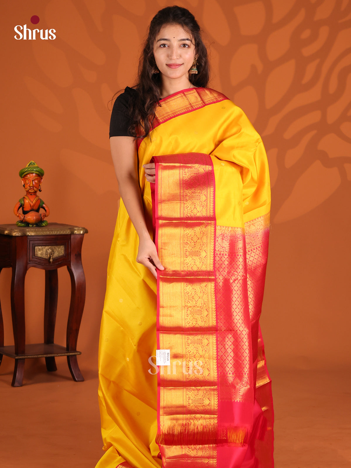 Glorious Yellow Kanchipuram silk Saree with rich traditional Red zari border-1
