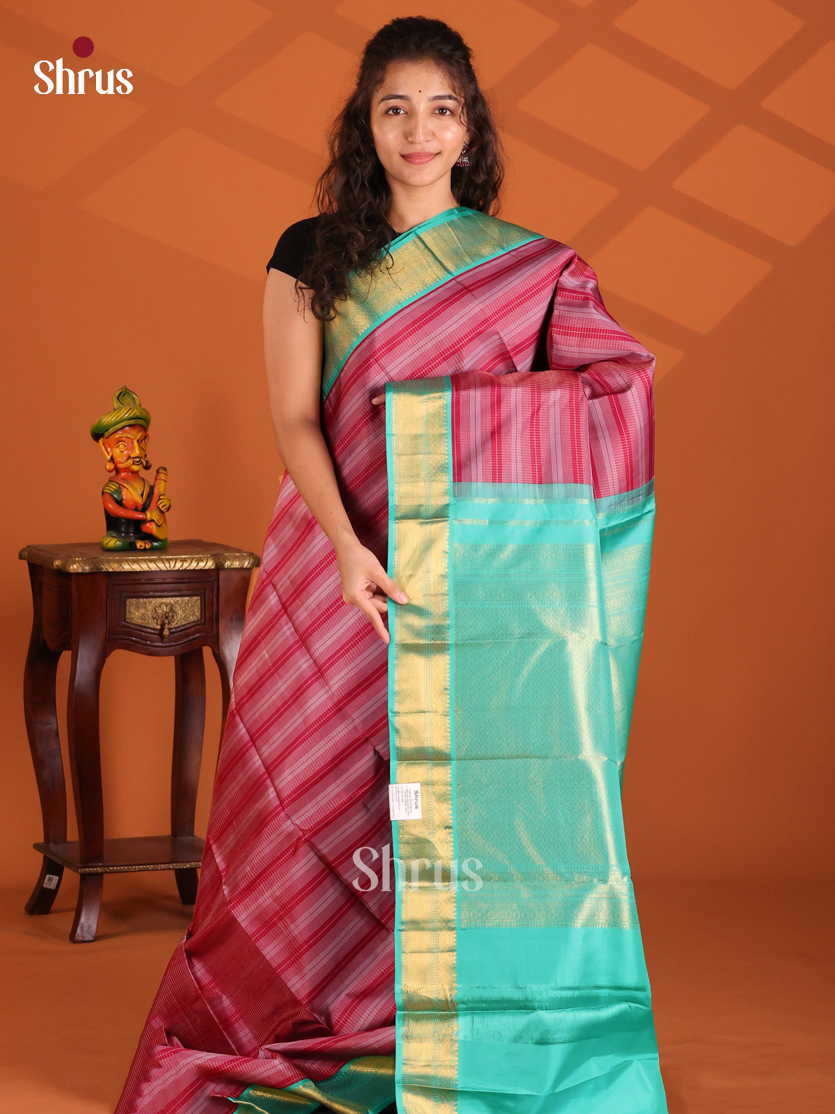 Classy Maroon Kanchipuram silk Saree with stripes pattern & zari brocade pallu-1