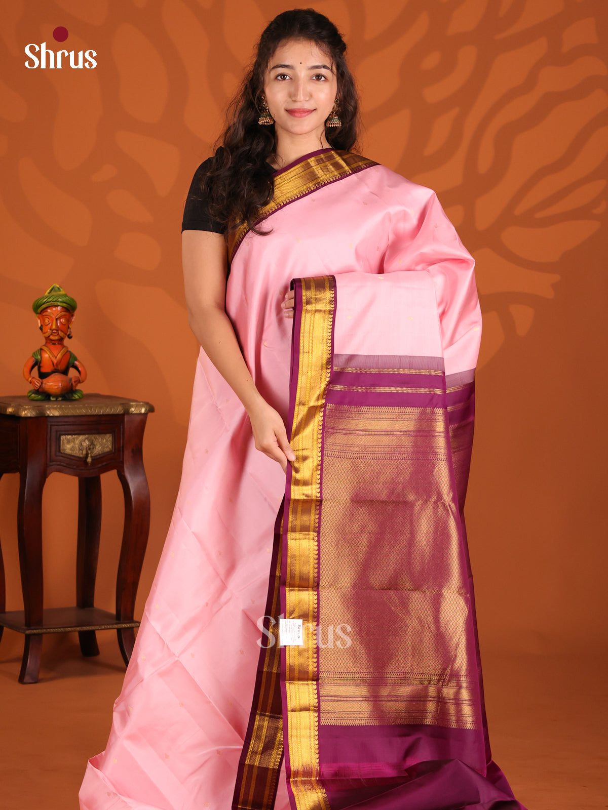 Charming Pink Kanchipuram silk Saree with contrast purple rich Pallu