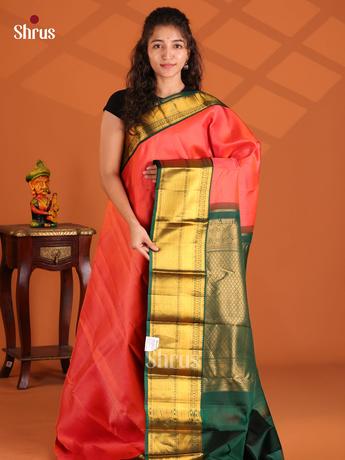 Chic Orange Kanchipuram silk Saree zari kattam & rich green border-1