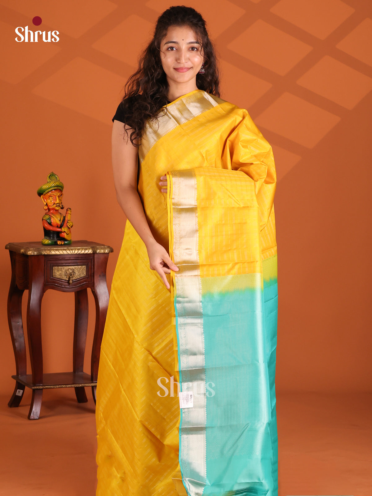 Glorious Yellow Kanchipuram silk Saree with zari stripes & floral vines border-1