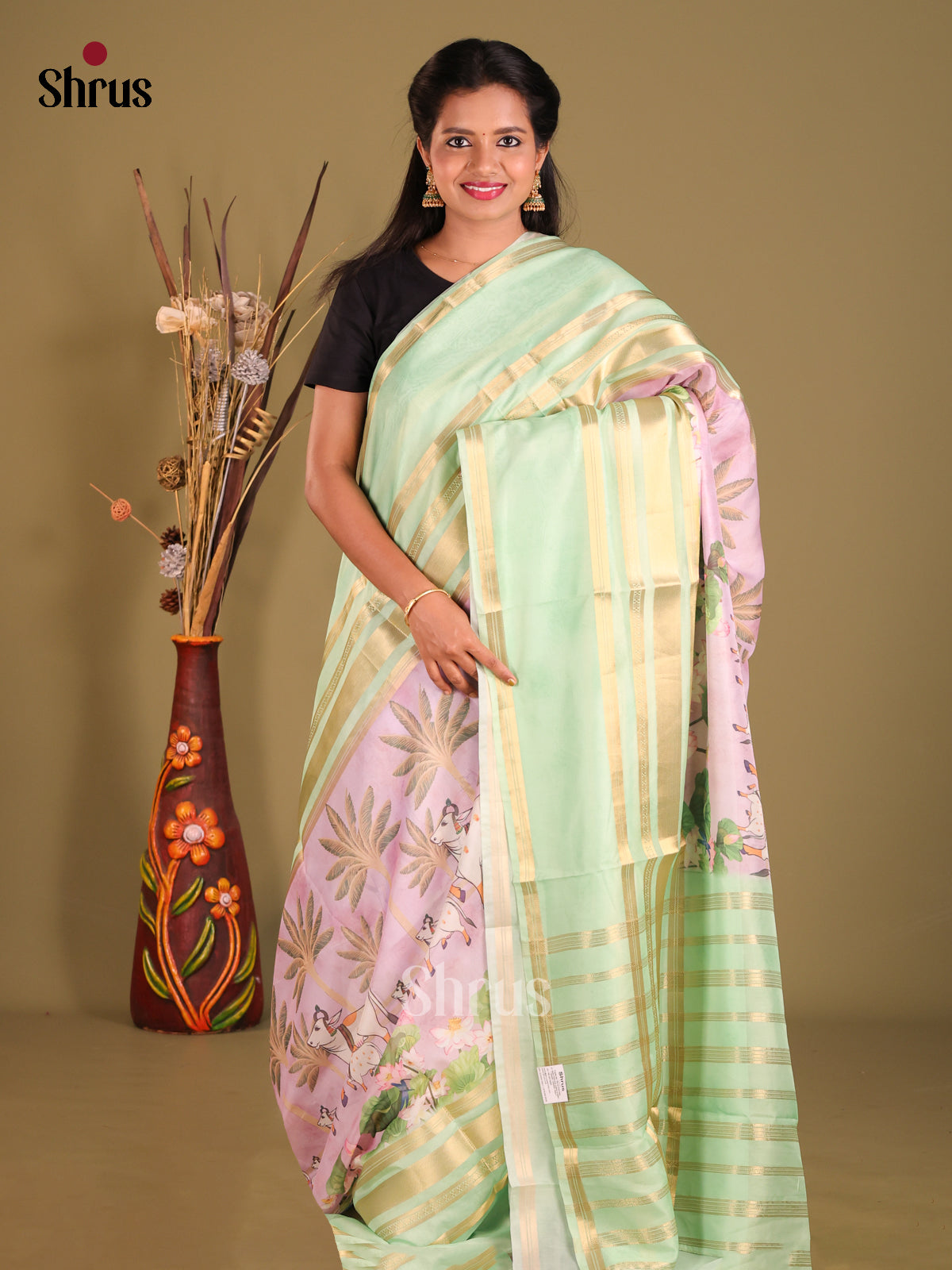 Lavender & Green - Semi Organza Saree