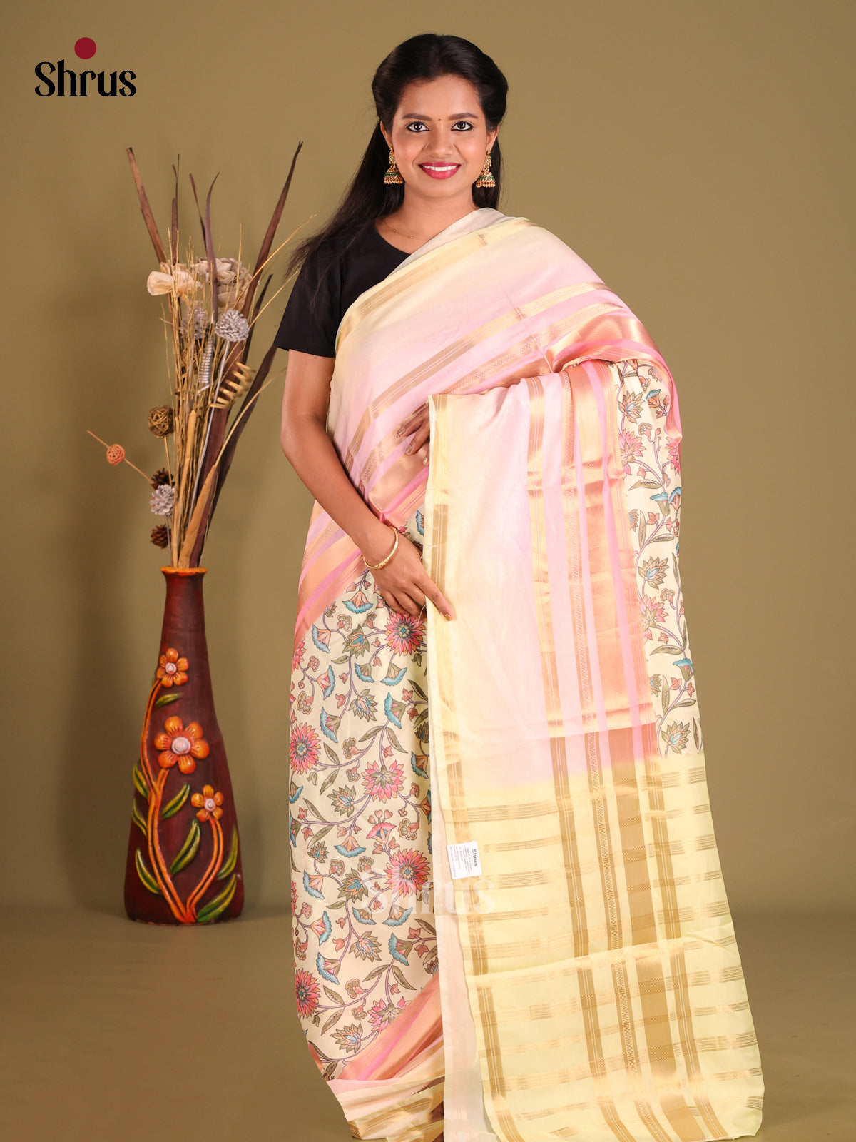 Cream & Pink - Semi Organza Saree