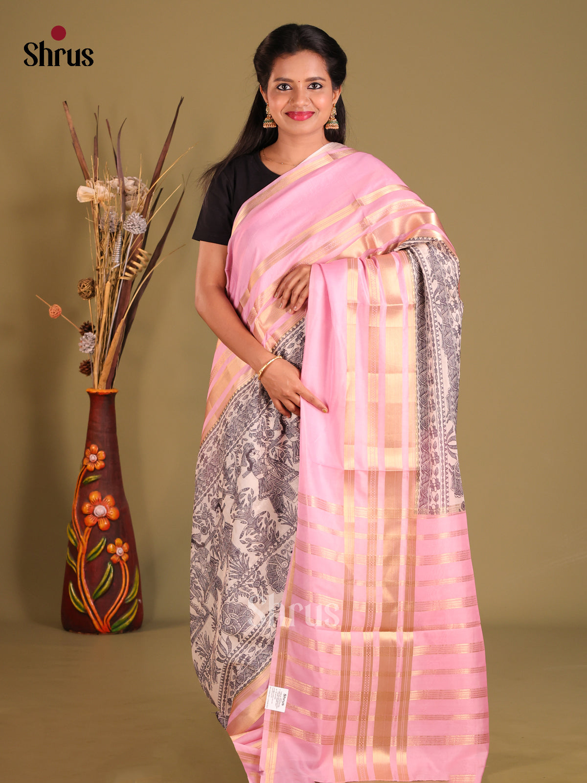Cream & Pink- Semi Organza Saree