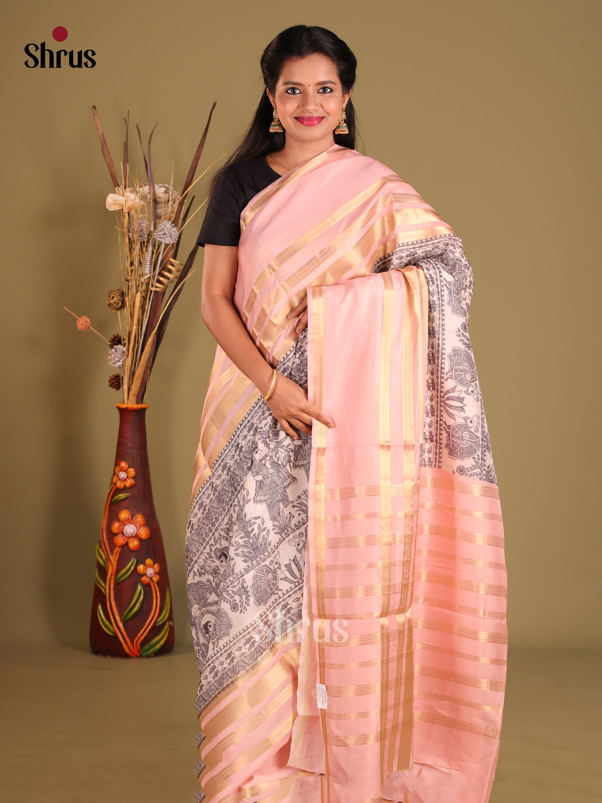 Cream & Pink- Semi Organza Saree