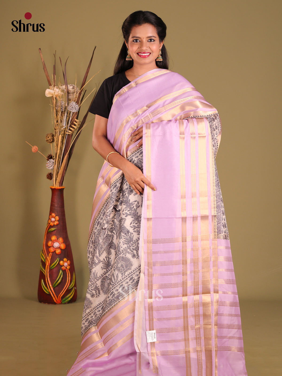 Cream & Lavender - Semi Organza Saree