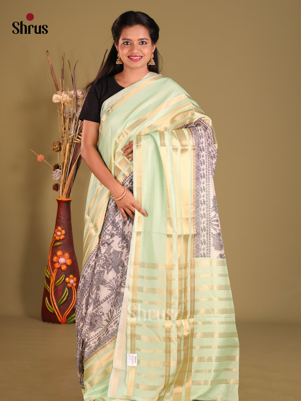 Cream & Pastel Green - Semi Organza Saree