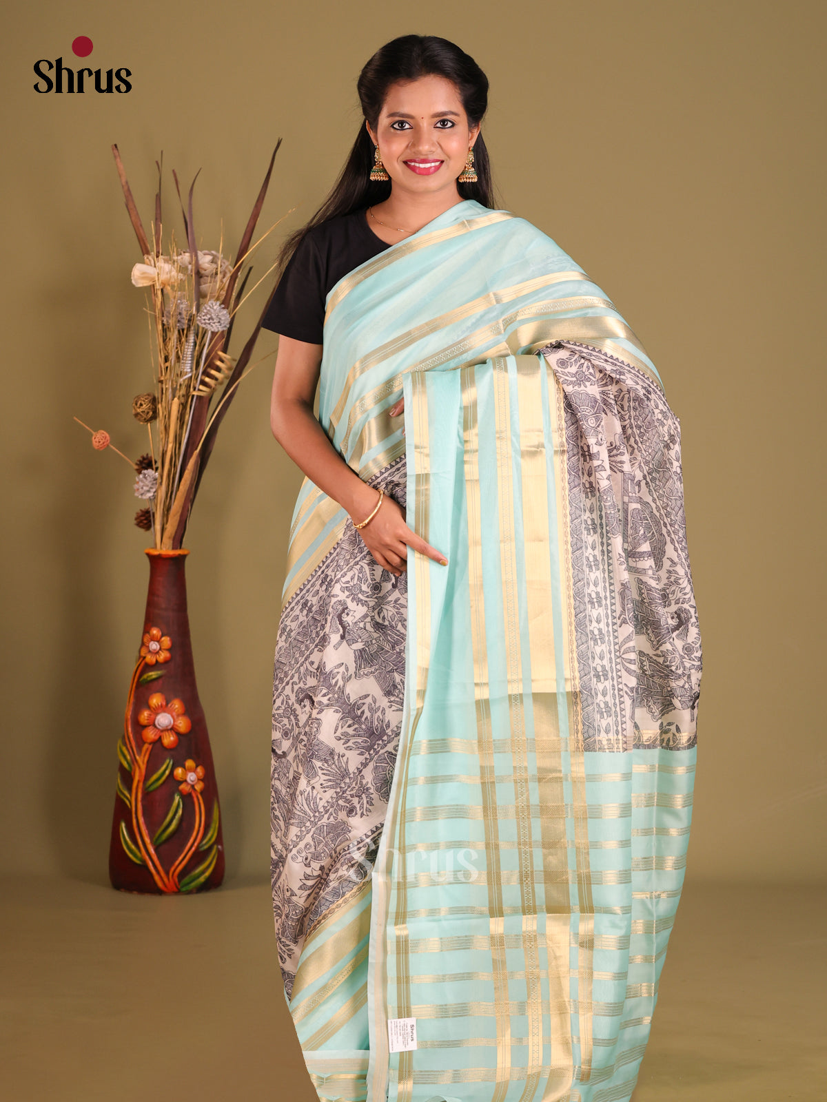 Cream & Pastel Blue - Semi Organza Saree
