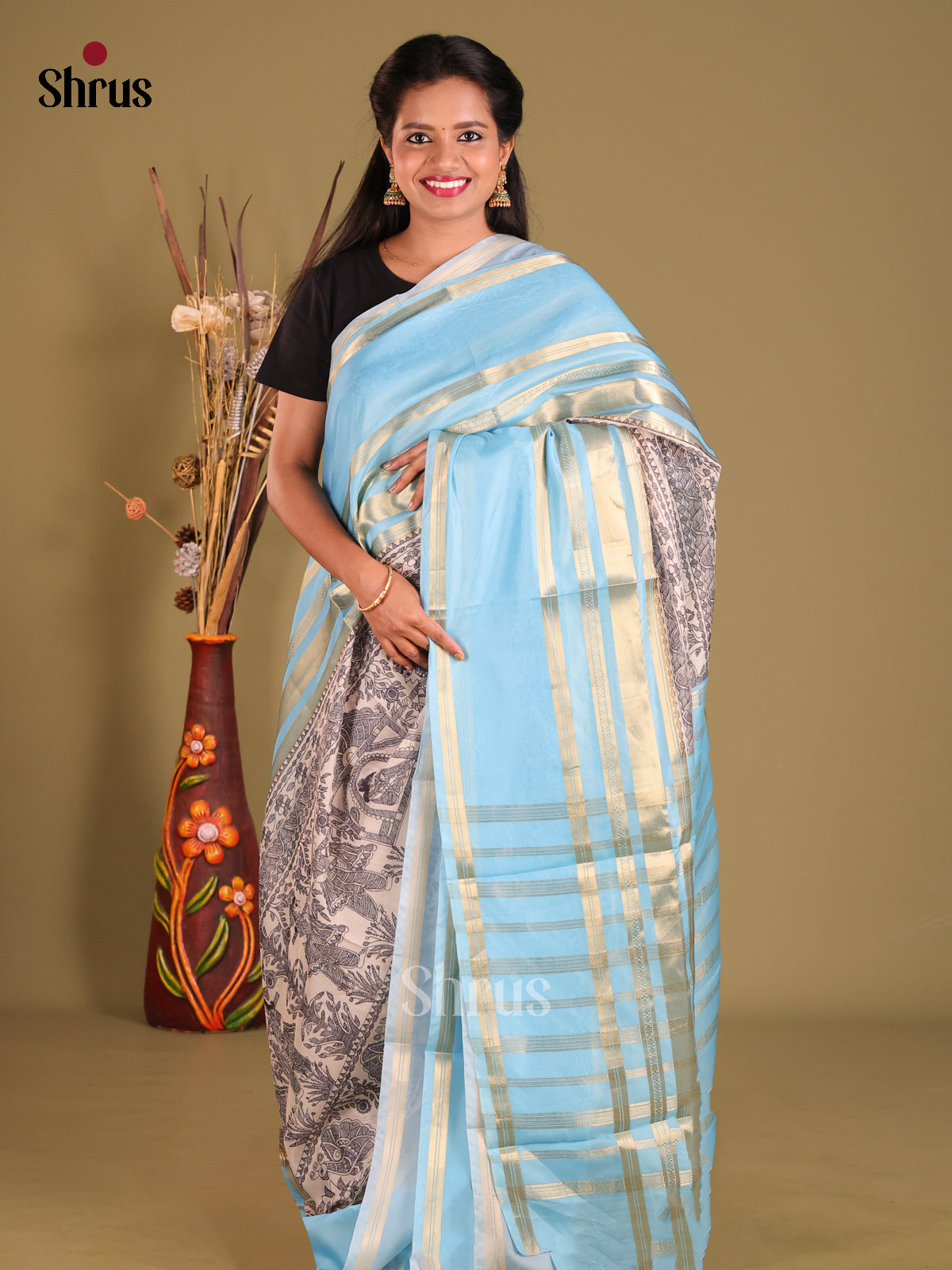 Cream & Pastel Blue - Semi Organza Saree