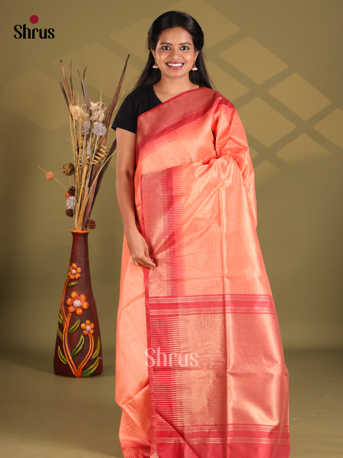 Peach & Red - Champa semitussar Saree - Shop on Shrus.com