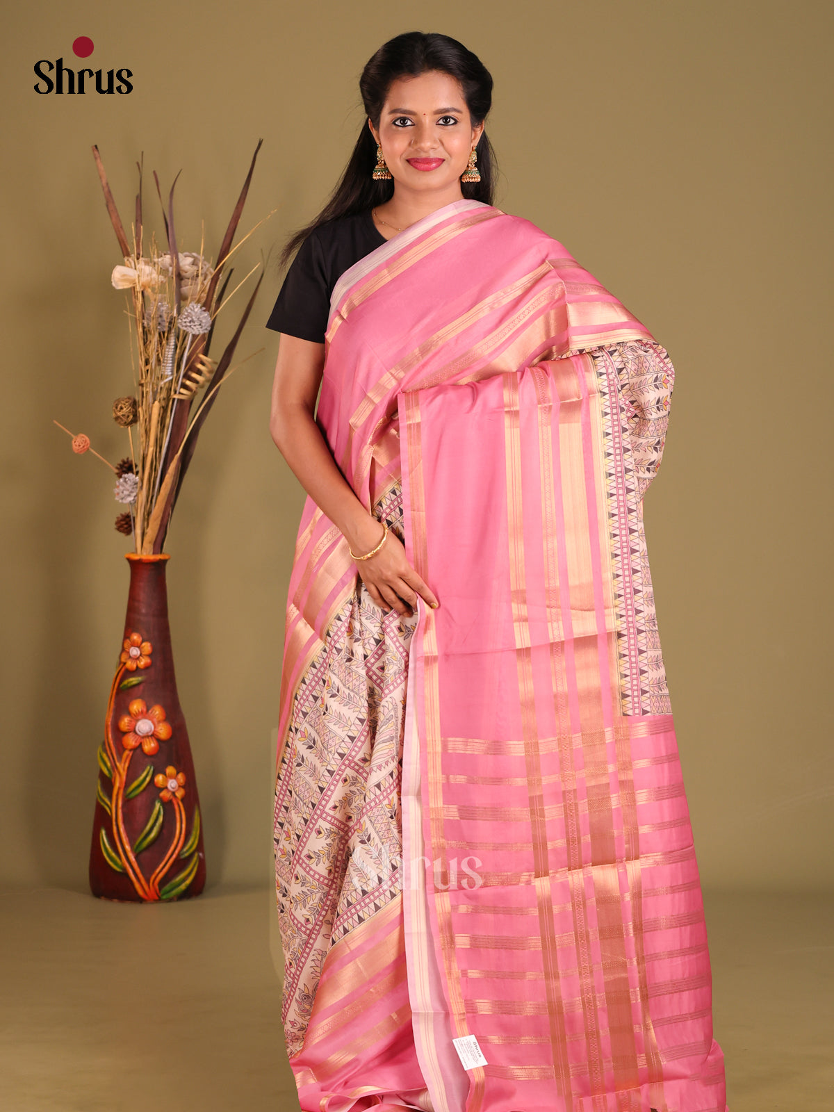 Cream & Pink - Semi Organza Saree