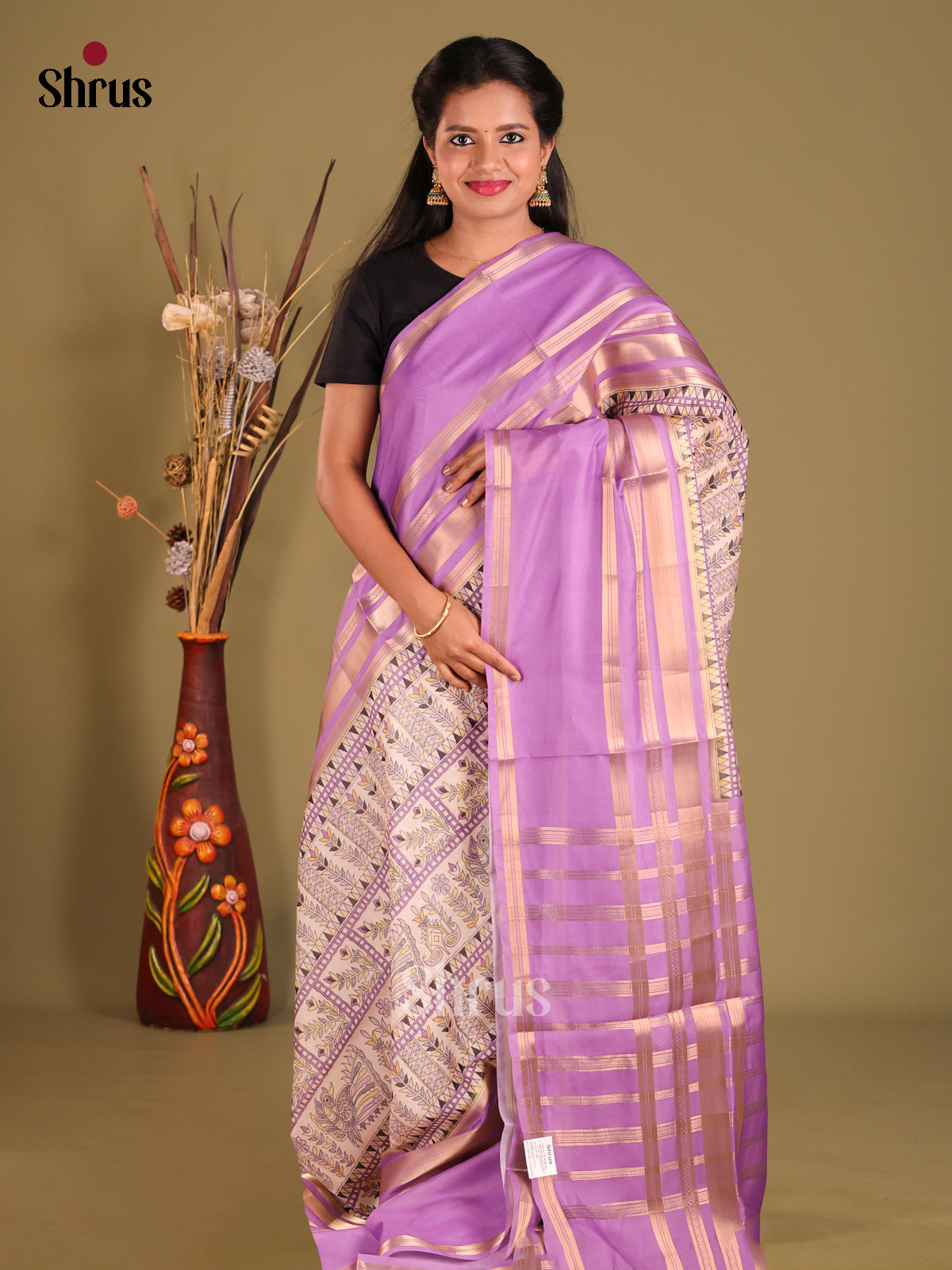 Cream & Lavender - Semi Organza Saree