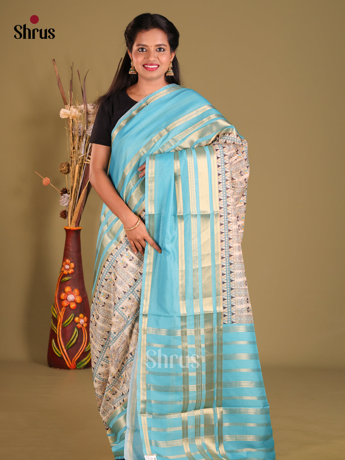 Cream & Blue - Semi Organza Saree