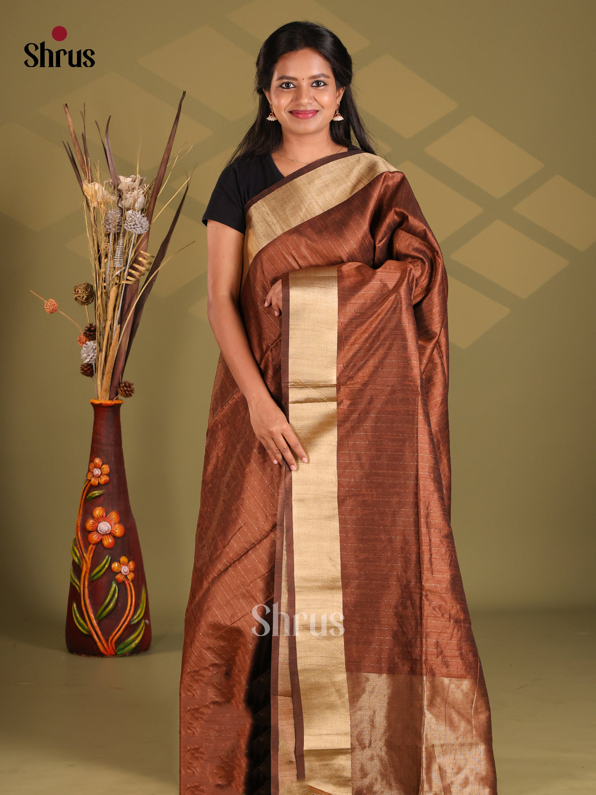Brown - Semi Rawsilk Saree