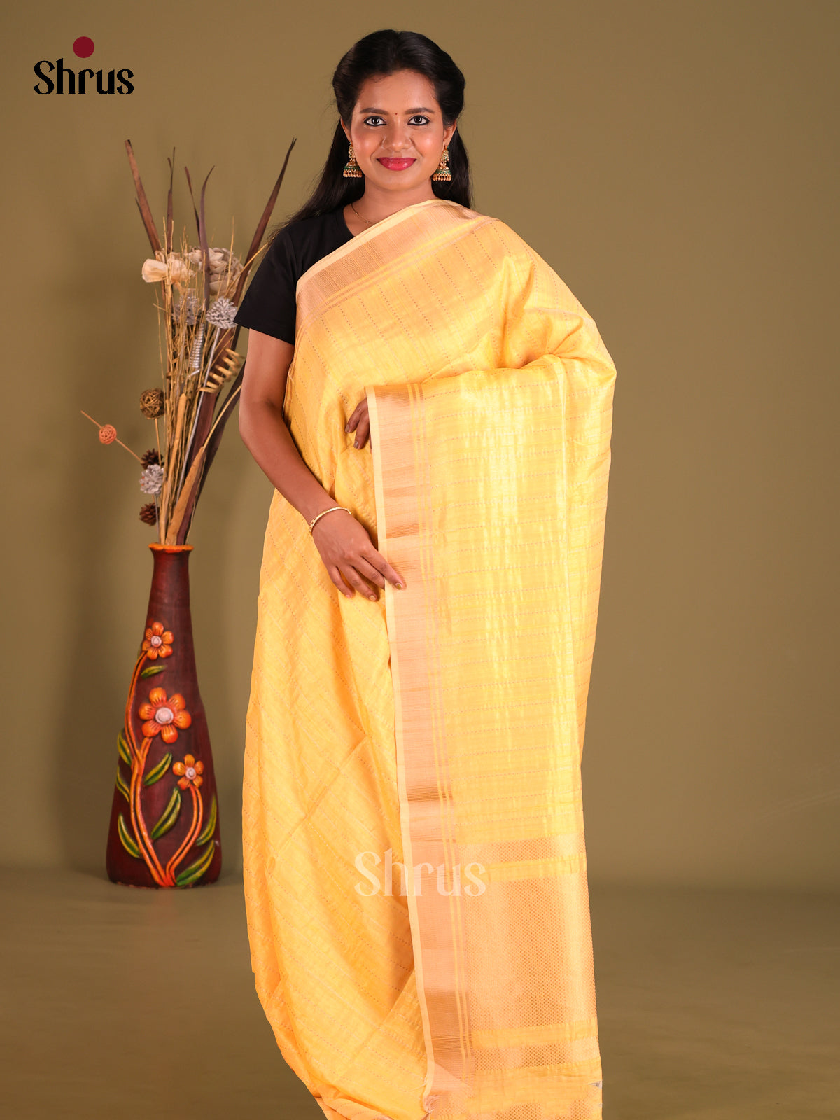 Yellow - Semi Rawsilk Saree - Shop on Shrus.com