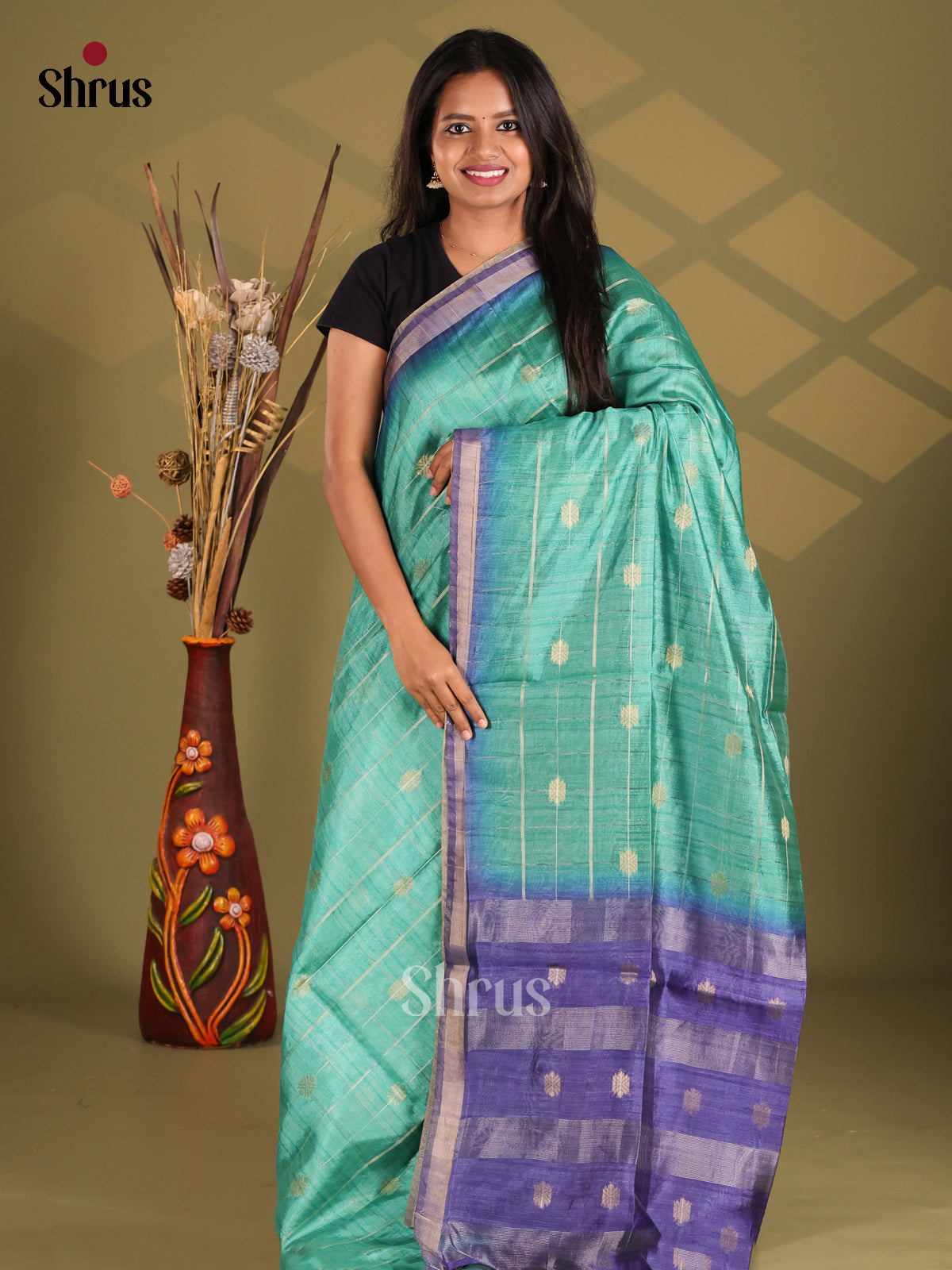 Green & Blue - Champa semitussar Saree - Shop on Shrus.com