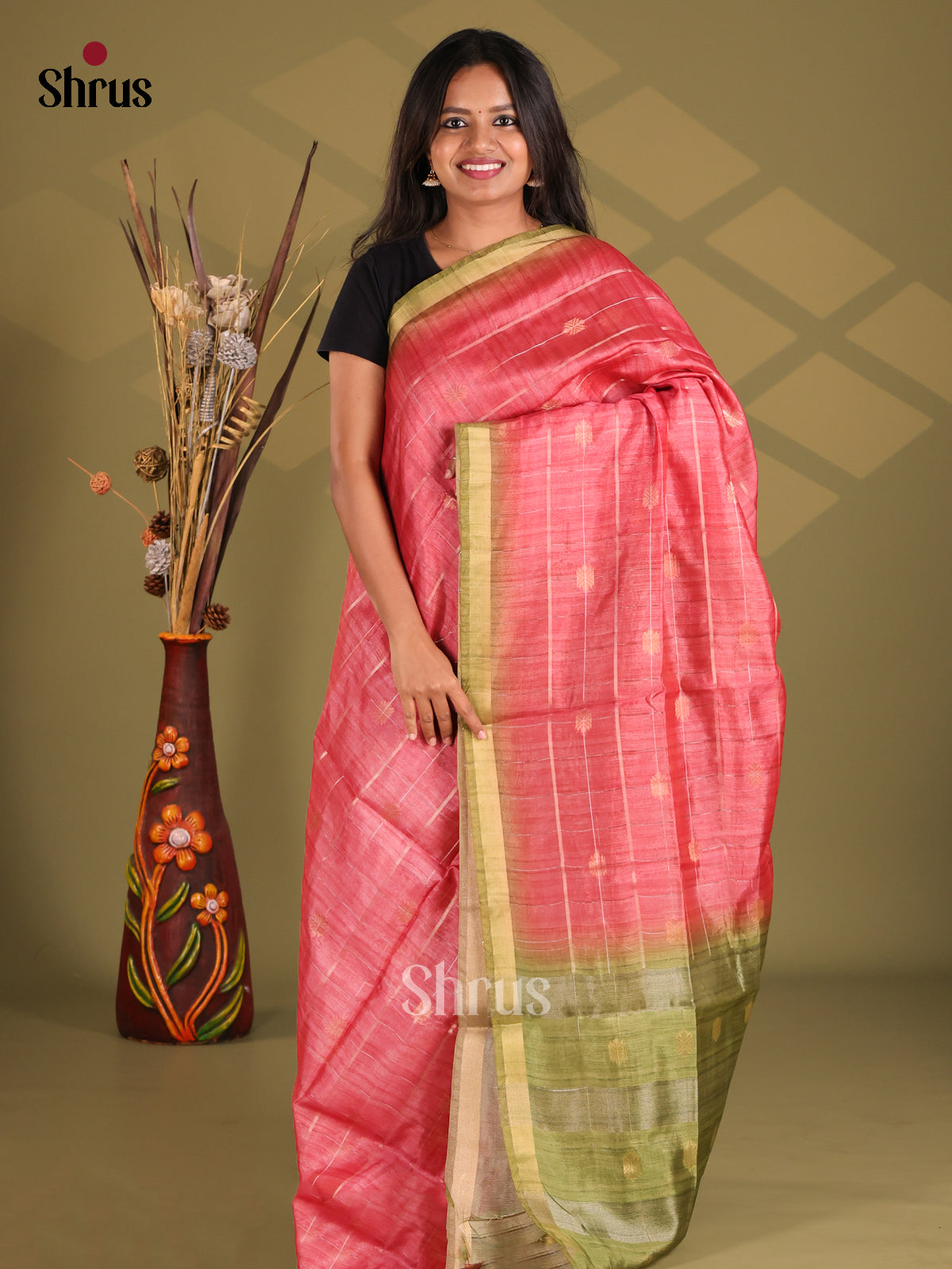 Red & Green - Champa semitussar Saree - Shop on Shrus.com