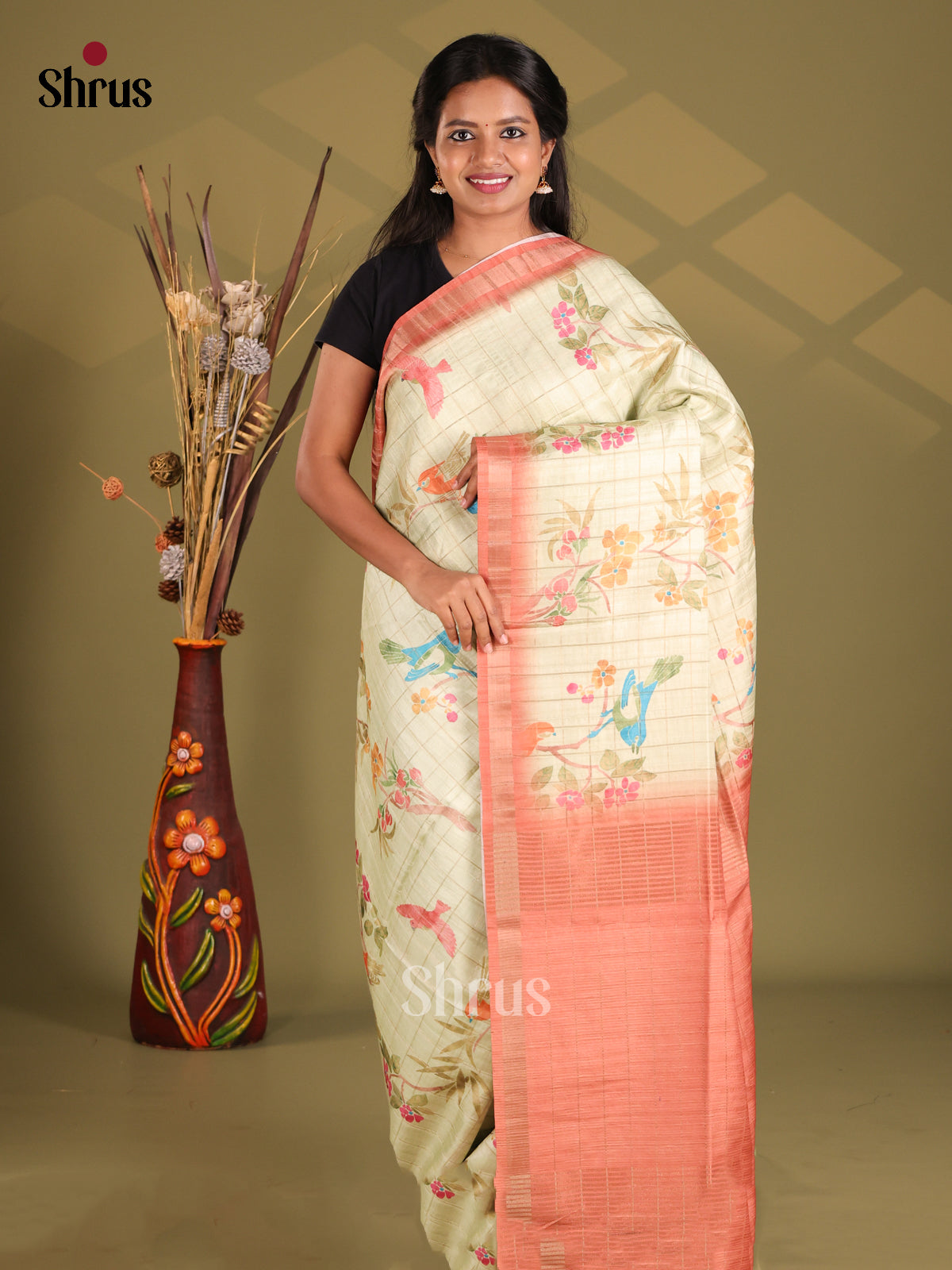 Pastel Green & Brick- Champa semitussar Saree - Shop on Shrus.com