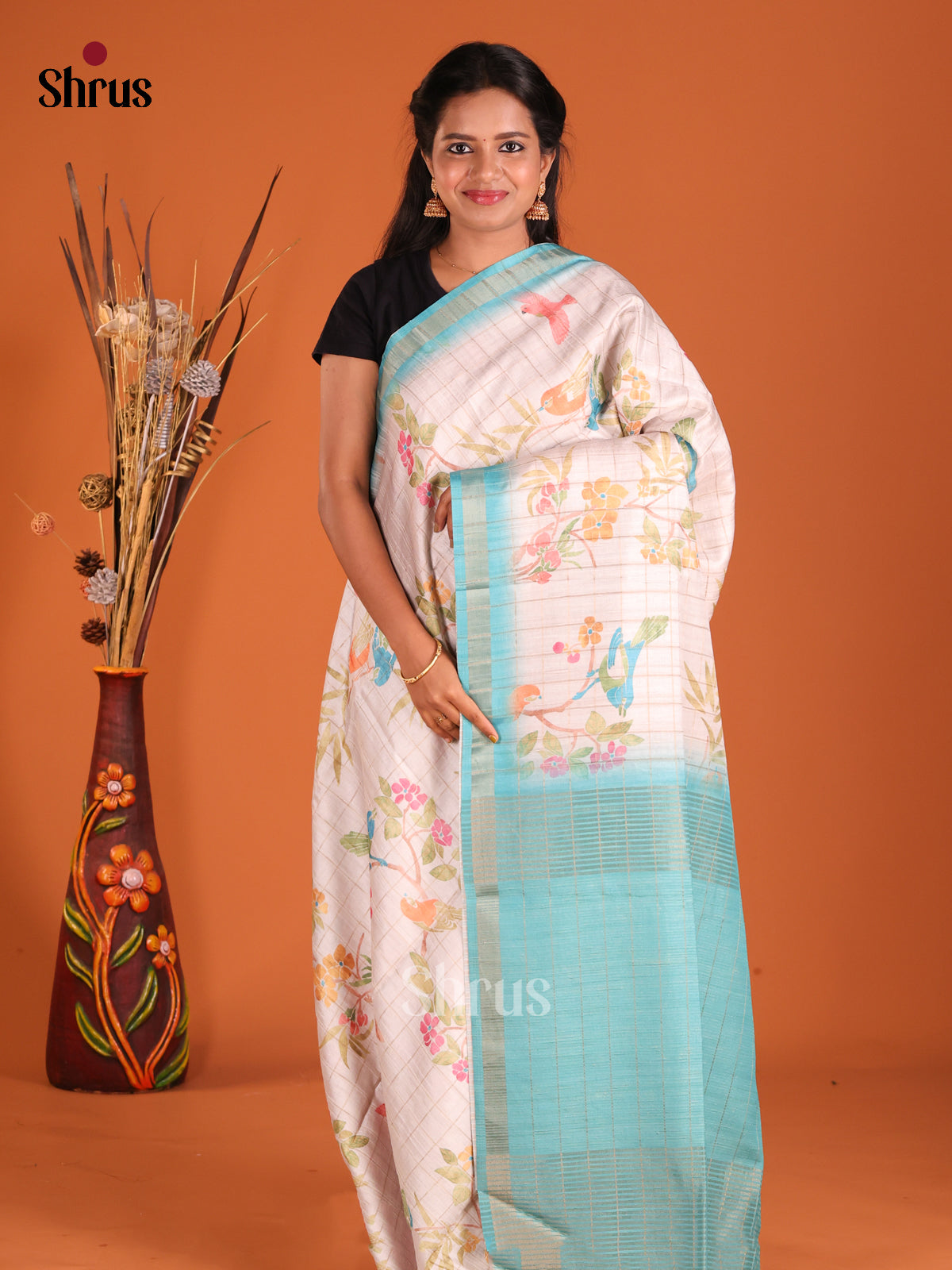 Cream & Blue- Champa semitussar Saree