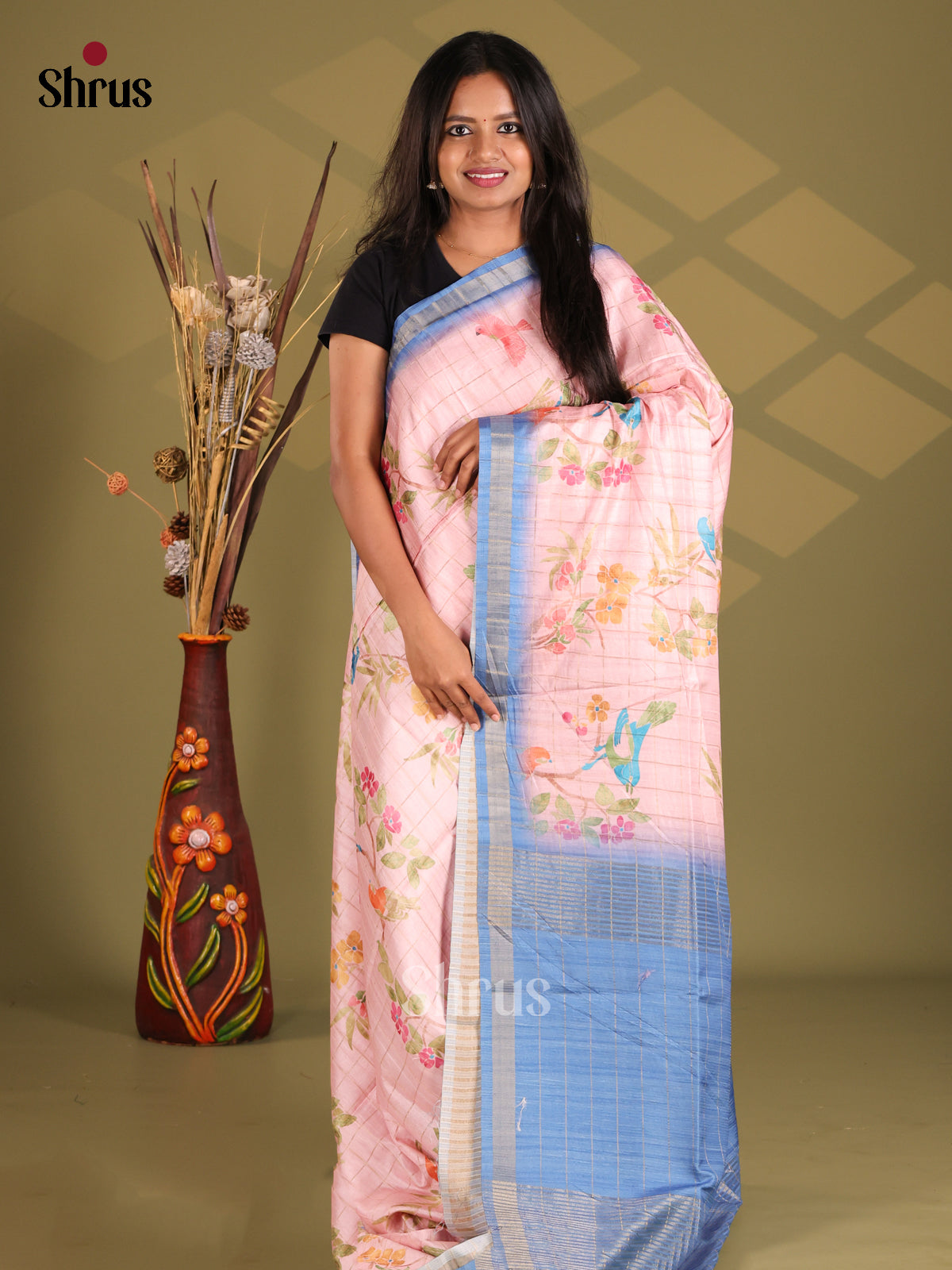 Pink & Blue - Champa semitussar Saree - Shop on Shrus.com